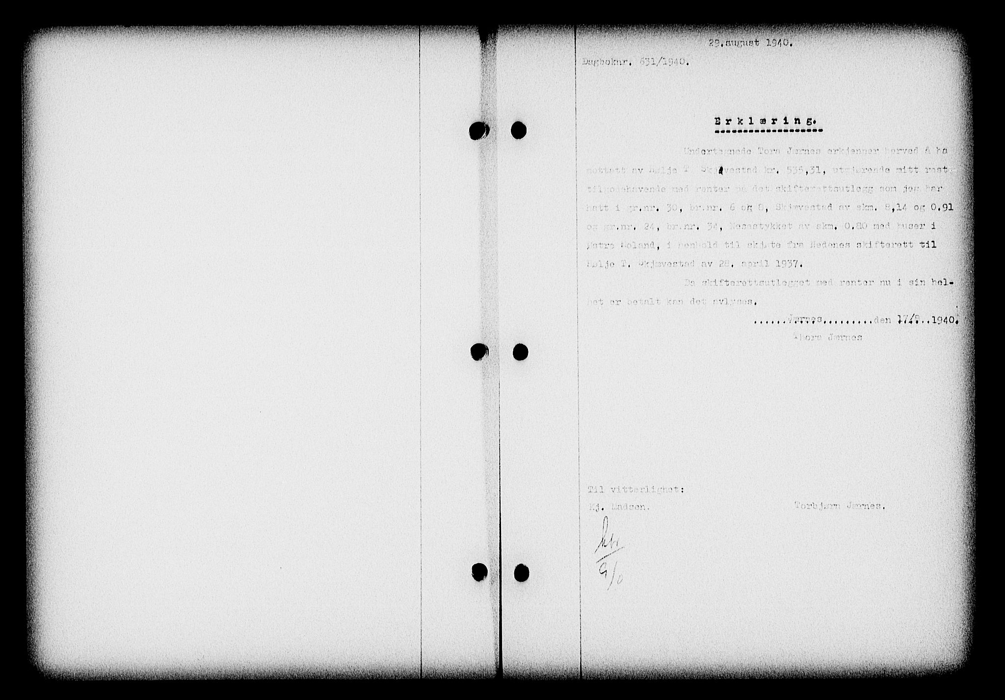 Nedenes sorenskriveri, SAK/1221-0006/G/Gb/Gba/L0047: Pantebok nr. A-I, 1939-1940, Dagboknr: 631/1940