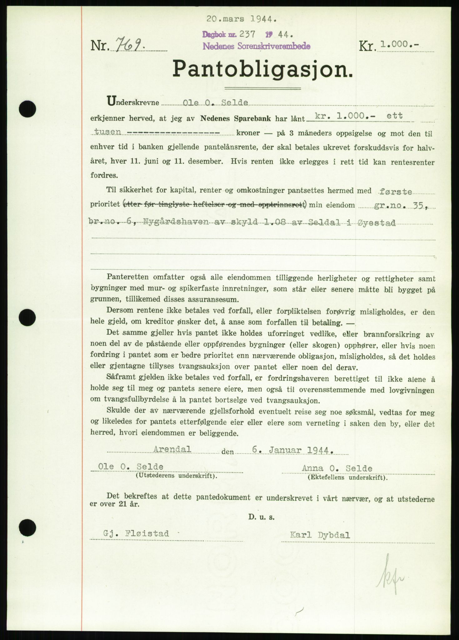 Nedenes sorenskriveri, SAK/1221-0006/G/Gb/Gbb/L0002: Pantebok nr. II, 1942-1945, Dagboknr: 237/1944