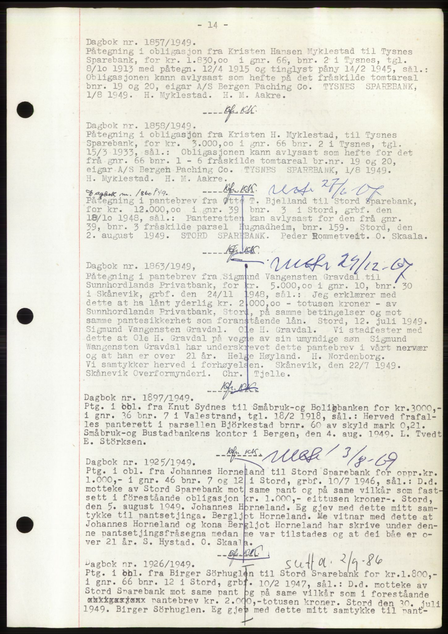 Sunnhordland sorenskrivar, AV/SAB-A-2401: Pantebok nr. B75-79, 1948-1950, Dagboknr: 1857/1949