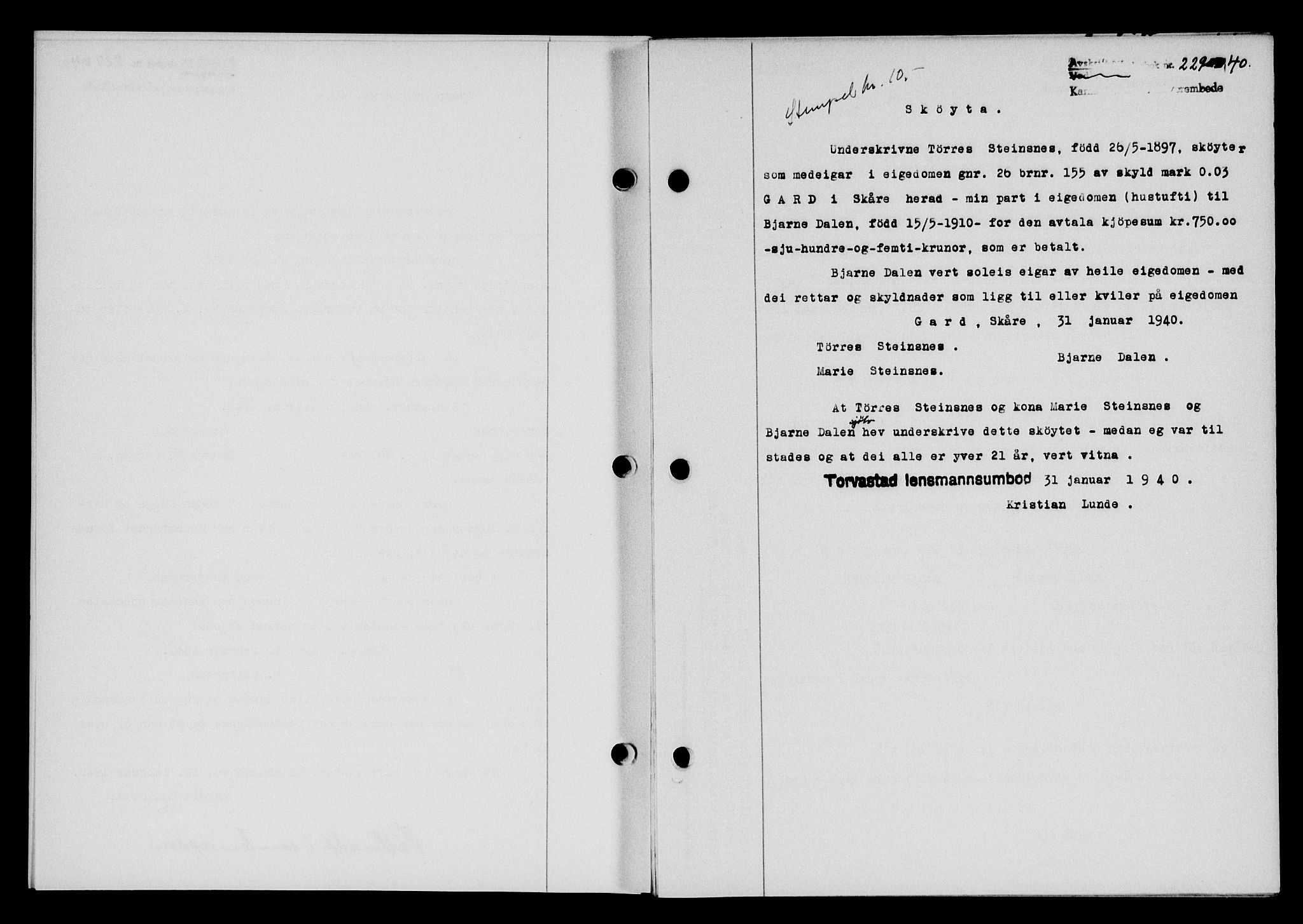 Karmsund sorenskriveri, SAST/A-100311/01/II/IIB/L0072: Pantebok nr. 53A, 1939-1940, Dagboknr: 229/1940
