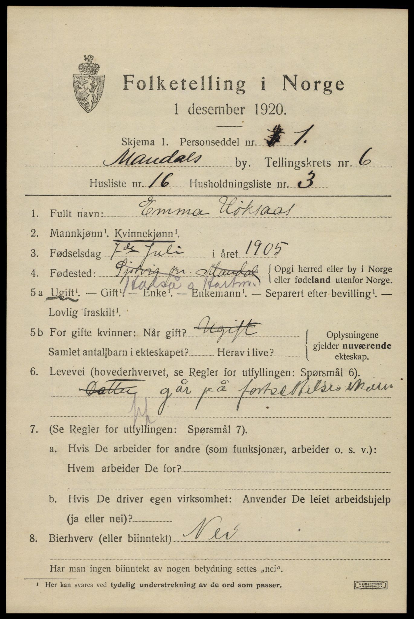 SAK, Folketelling 1920 for 1002 Mandal ladested, 1920, s. 9299