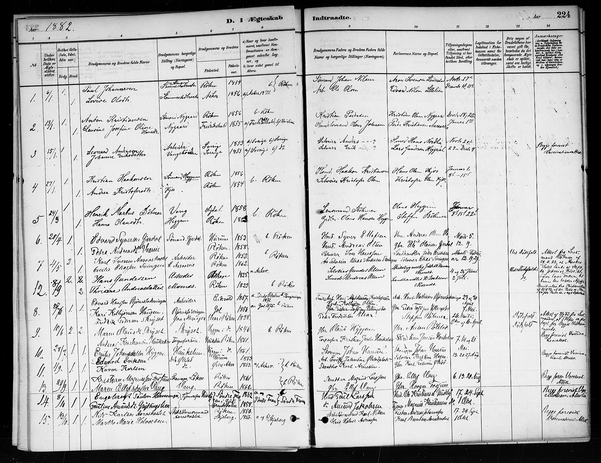 Røyken kirkebøker, AV/SAKO-A-241/F/Fa/L0008: Ministerialbok nr. 8, 1880-1897, s. 224