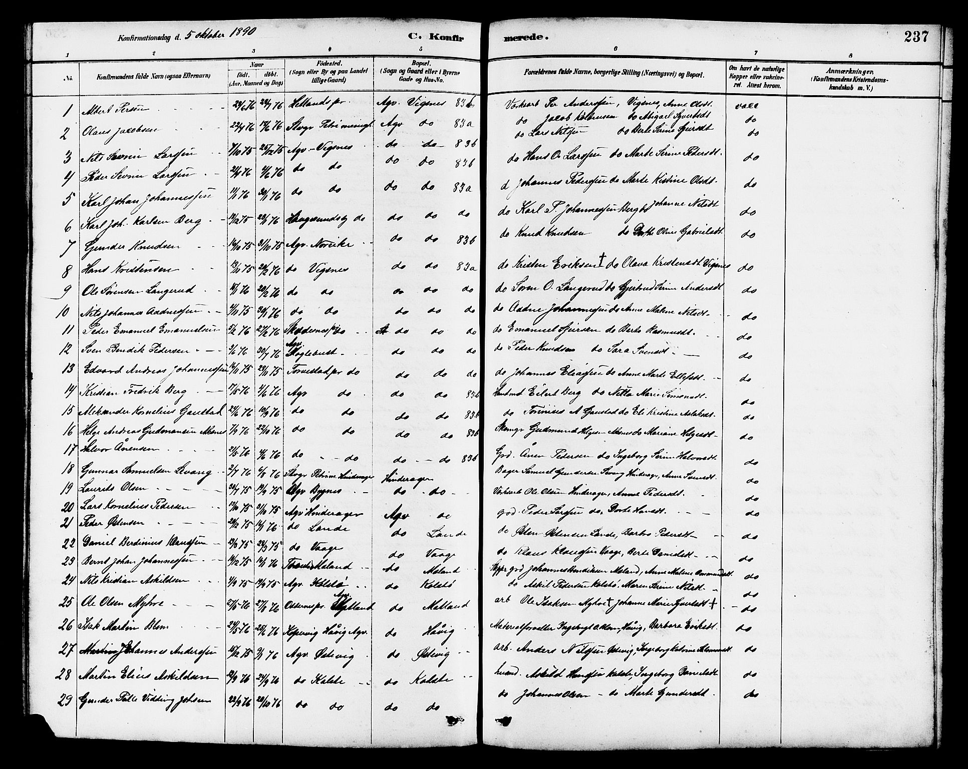 Avaldsnes sokneprestkontor, AV/SAST-A -101851/H/Ha/Hab/L0007: Klokkerbok nr. B 7, 1885-1909, s. 237