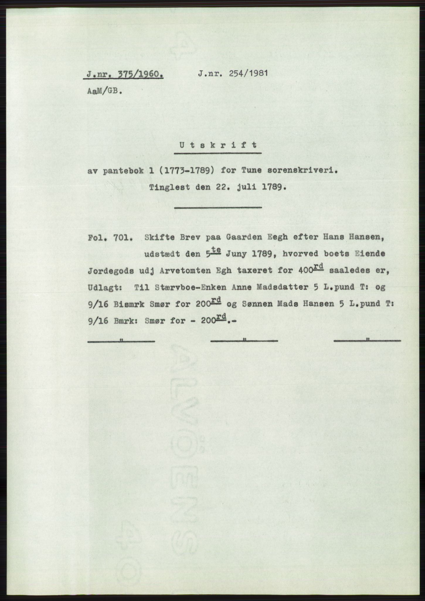 Statsarkivet i Oslo, SAO/A-10621/Z/Zd/L0011: Avskrifter, j.nr 4-798/1960, 1960, s. 185