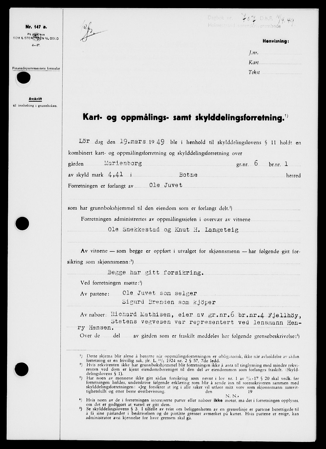 Holmestrand sorenskriveri, SAKO/A-67/G/Ga/Gaa/L0066: Pantebok nr. A-66, 1949-1949, Dagboknr: 707/1949