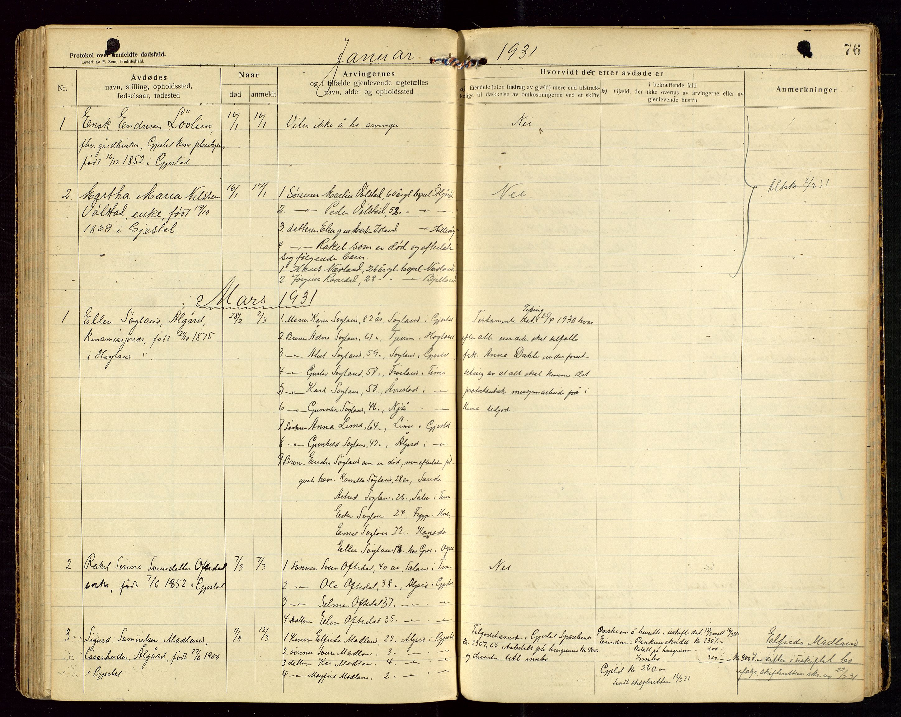 Gjesdal lensmannskontor, SAST/A-100441/Gga/L0002: Dødsfallprotokoll, 1911-1933, s. 76
