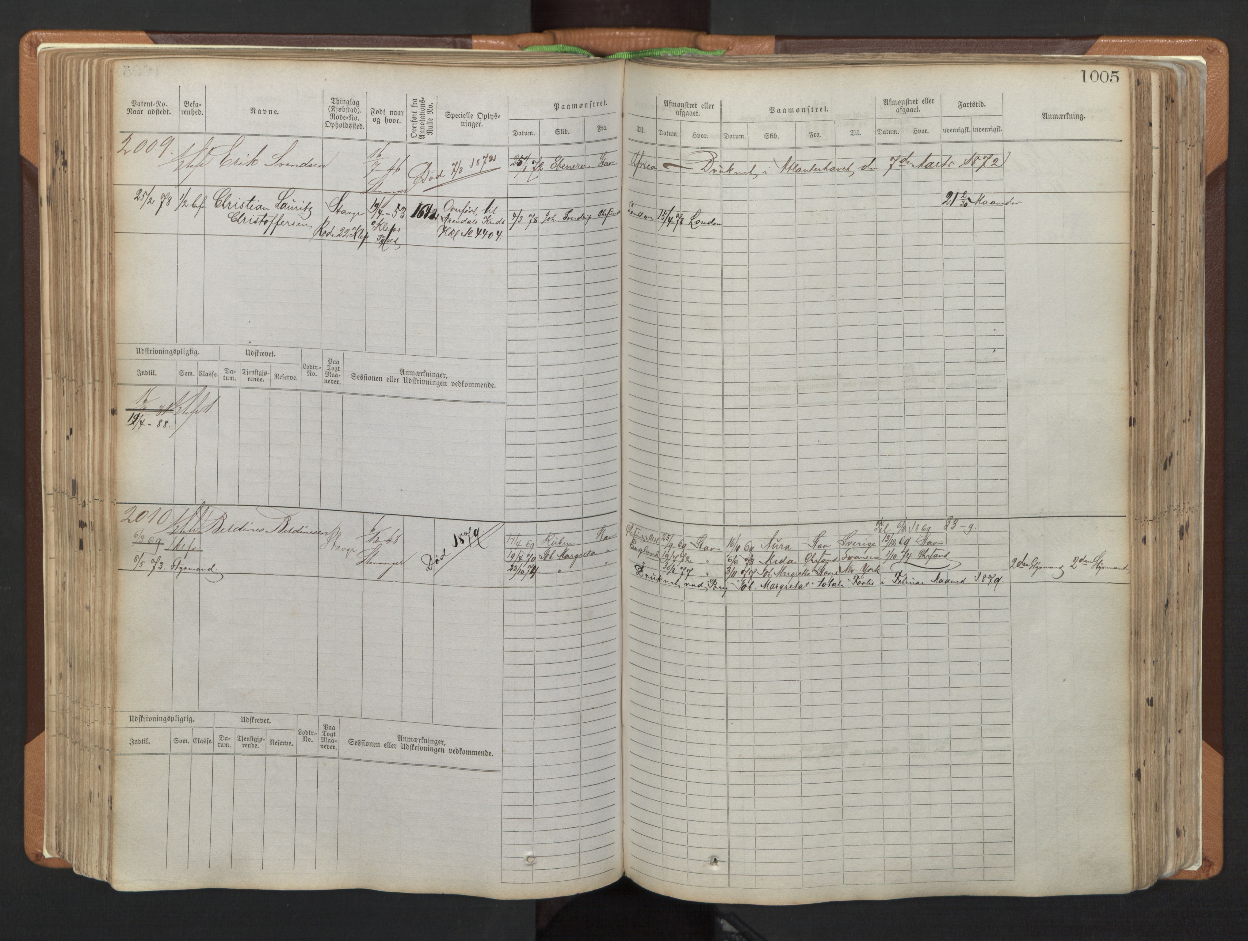 Stavanger sjømannskontor, SAST/A-102006/F/Fb/Fbb/L0006: Sjøfartshovedrulle, patentnr. 1607-2402 (del 3), 1869-1880, s. 205