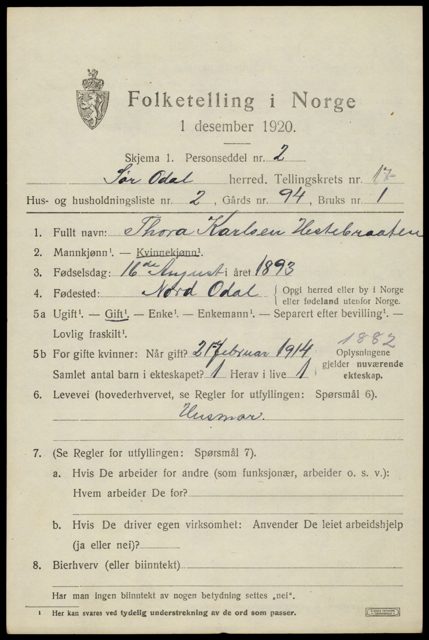 SAH, Folketelling 1920 for 0419 Sør-Odal herred, 1920, s. 17017