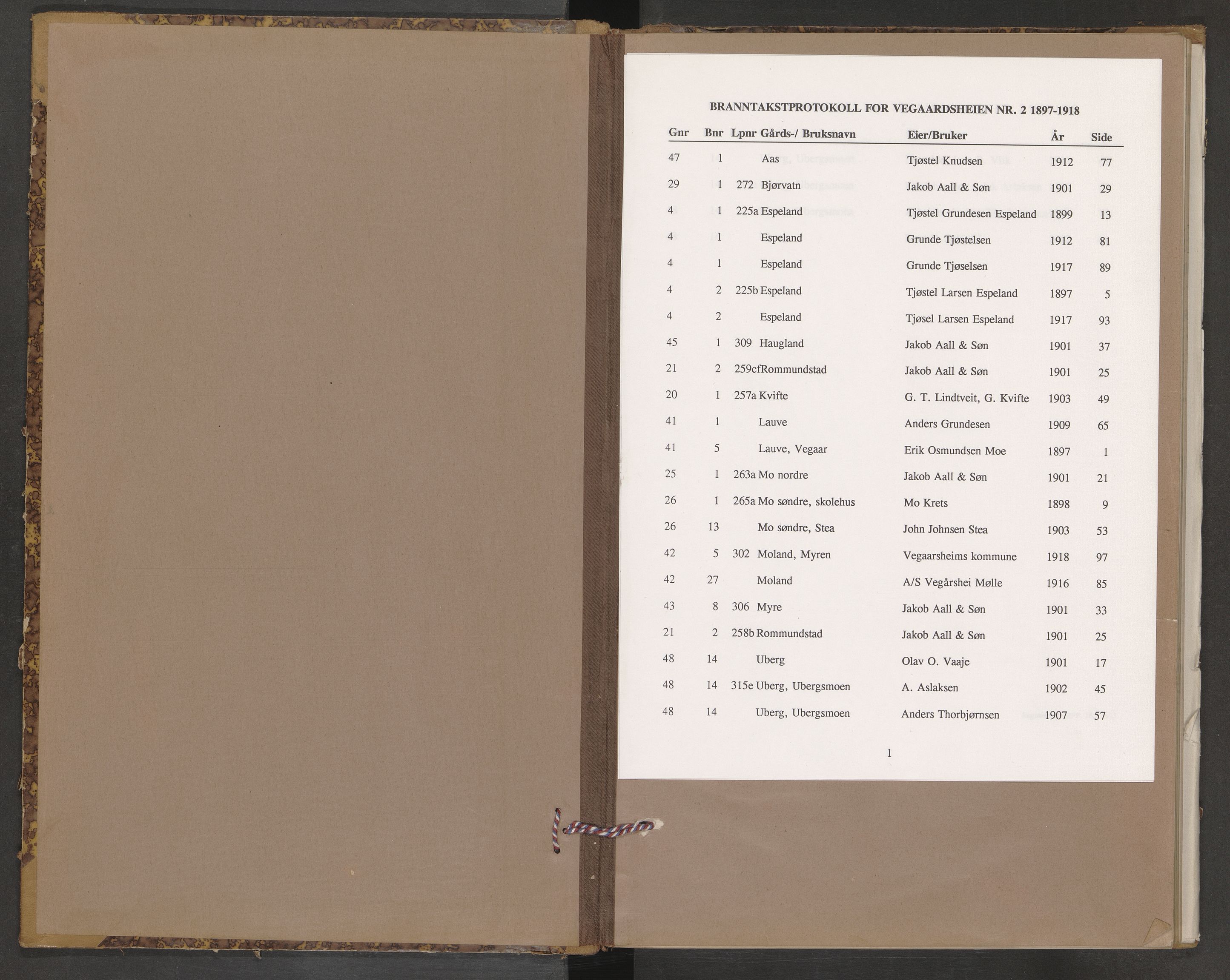 Norges Brannkasse Vegårshei, SAK/2241-0054/F/Fa/L0002: Branntakstprotokoll nr. 2 med gårdsnavnregister, 1897-1918