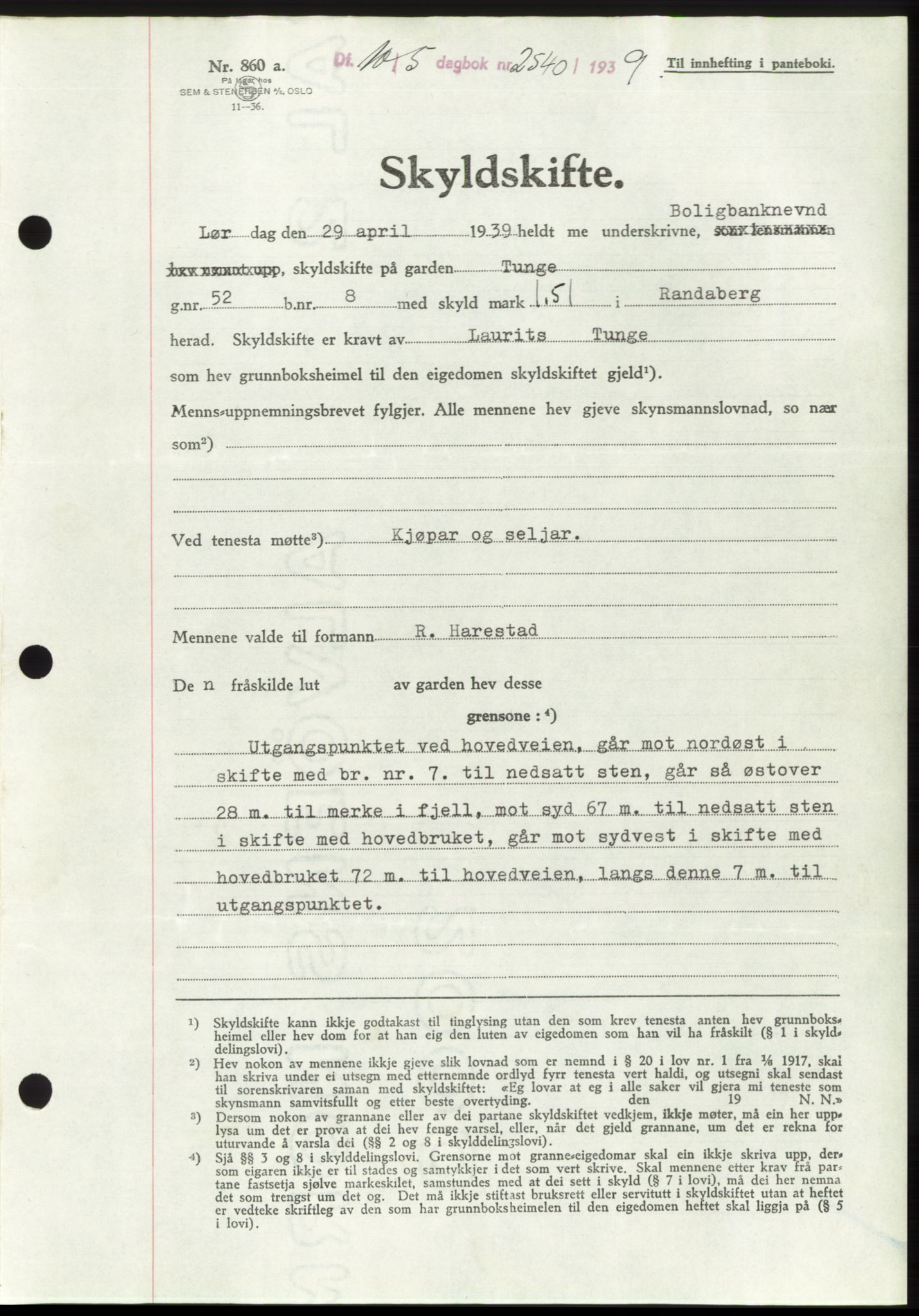 Jæren sorenskriveri, SAST/A-100310/03/G/Gba/L0074: Pantebok, 1939-1939, Dagboknr: 2540/1939