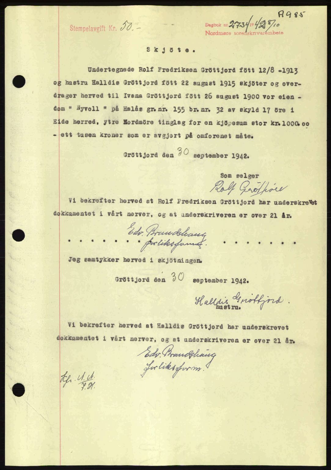 Nordmøre sorenskriveri, SAT/A-4132/1/2/2Ca: Pantebok nr. A93, 1942-1942, Dagboknr: 2734/1942