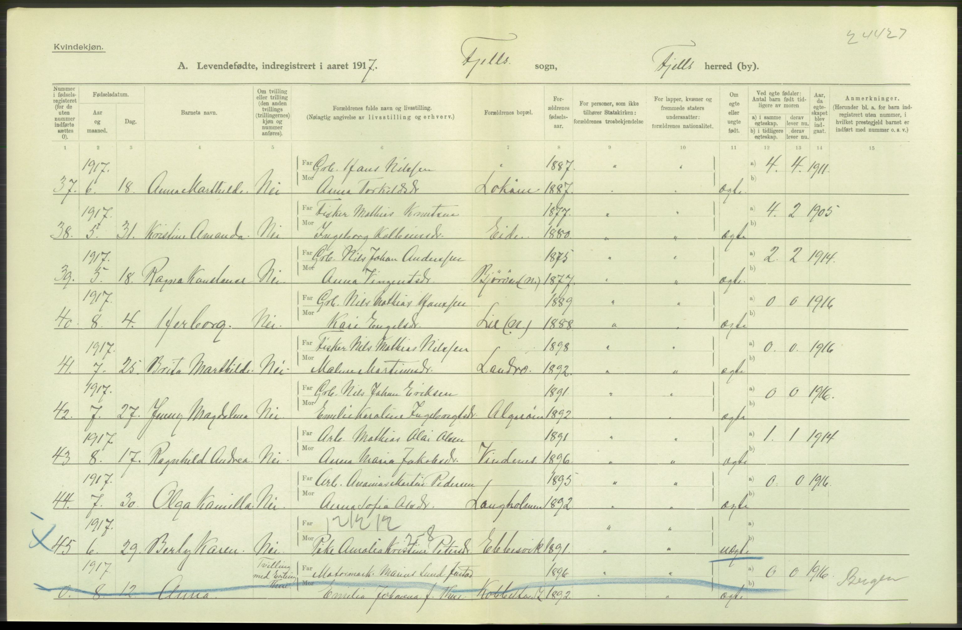 Statistisk sentralbyrå, Sosiodemografiske emner, Befolkning, RA/S-2228/D/Df/Dfb/Dfbg/L0034: S. Bergenhus amt: Levendefødte menn og kvinner. Bygder., 1917, s. 378