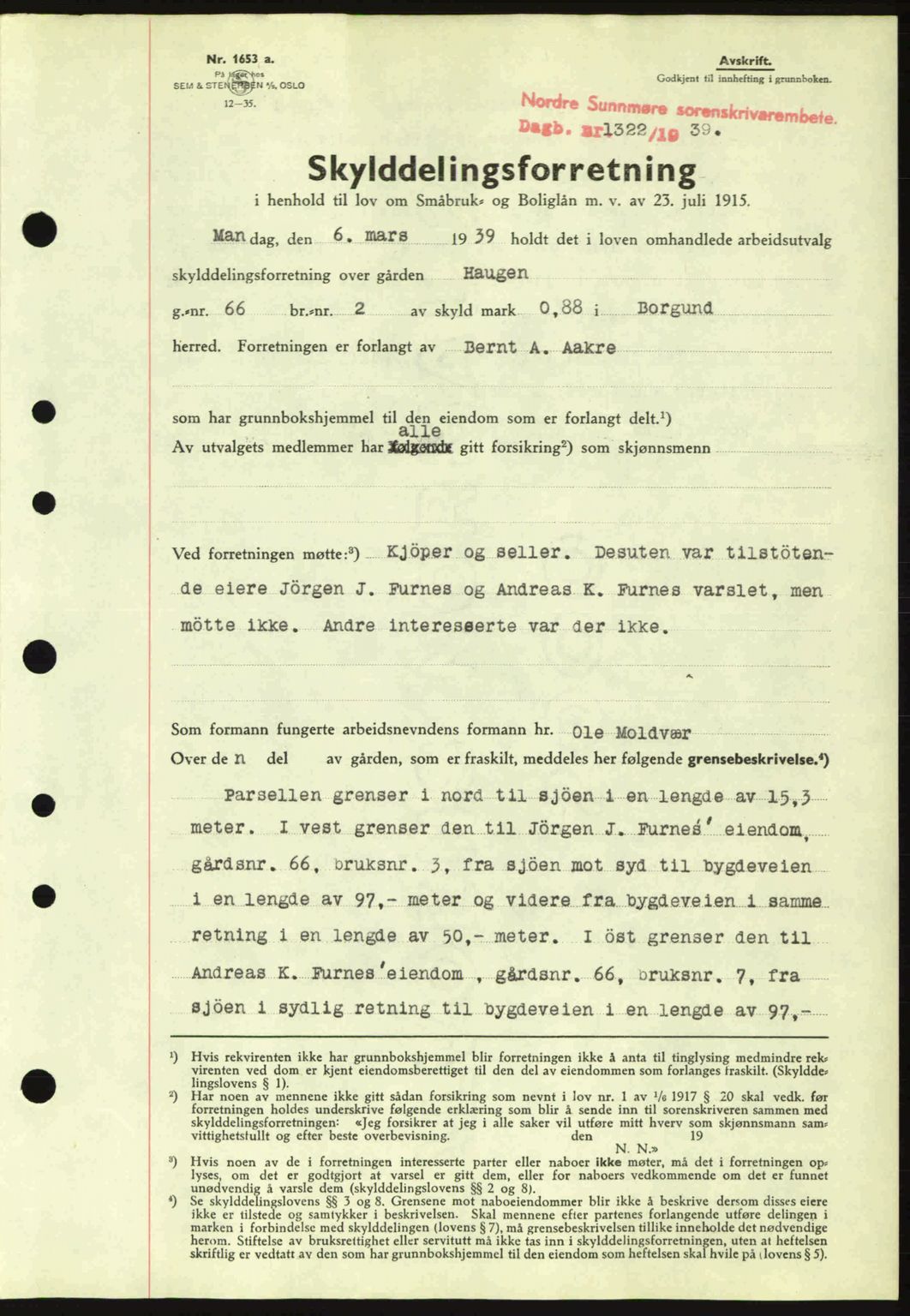 Nordre Sunnmøre sorenskriveri, SAT/A-0006/1/2/2C/2Ca: Pantebok nr. A7, 1939-1939, Dagboknr: 1322/1939