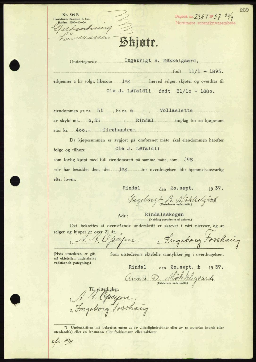 Nordmøre sorenskriveri, SAT/A-4132/1/2/2Ca: Pantebok nr. A82, 1937-1938, Dagboknr: 2387/1937