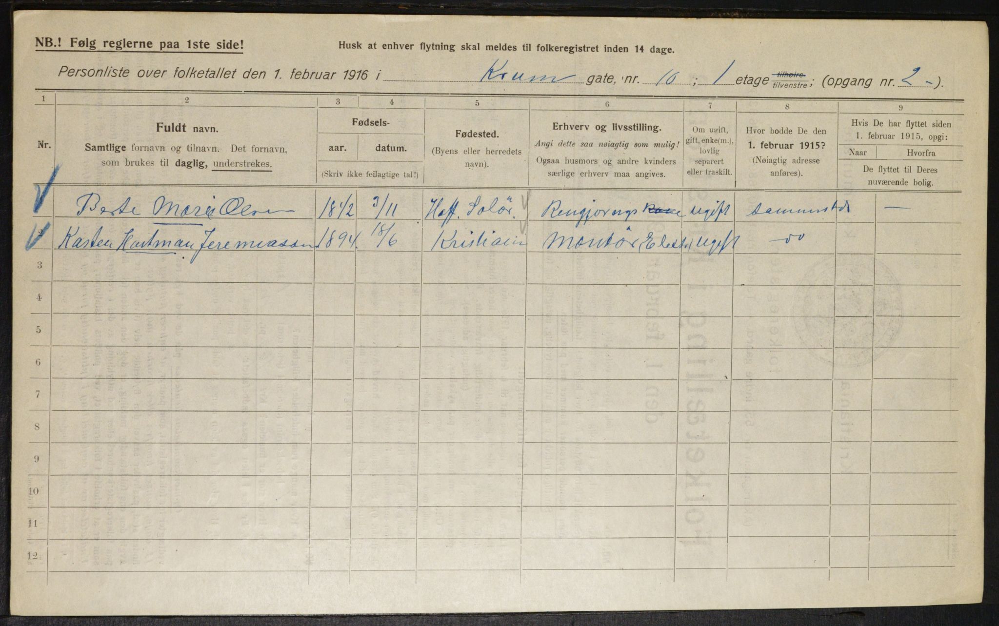 OBA, Kommunal folketelling 1.2.1916 for Kristiania, 1916, s. 56101