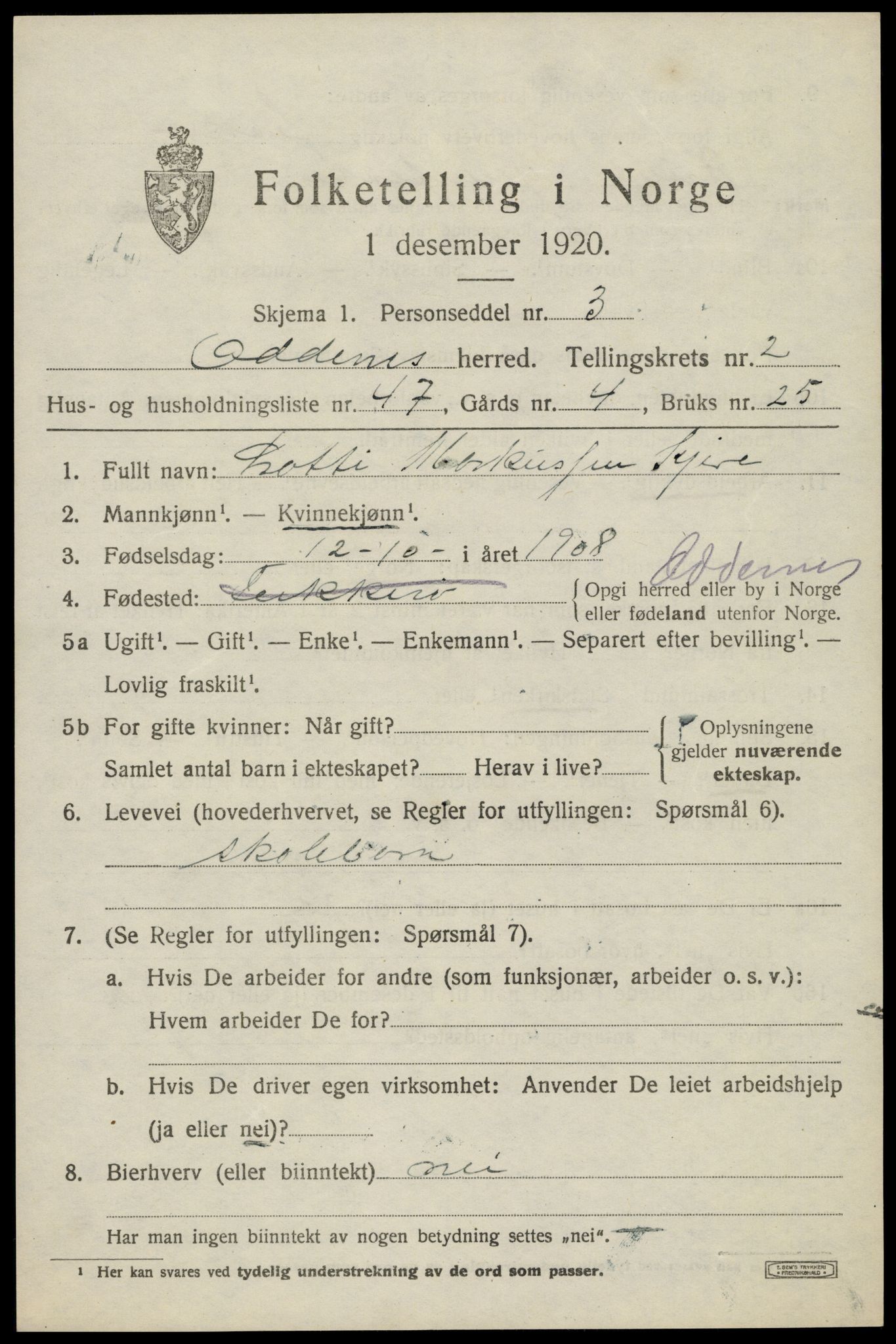 SAK, Folketelling 1920 for 1012 Oddernes herred, 1920, s. 3307