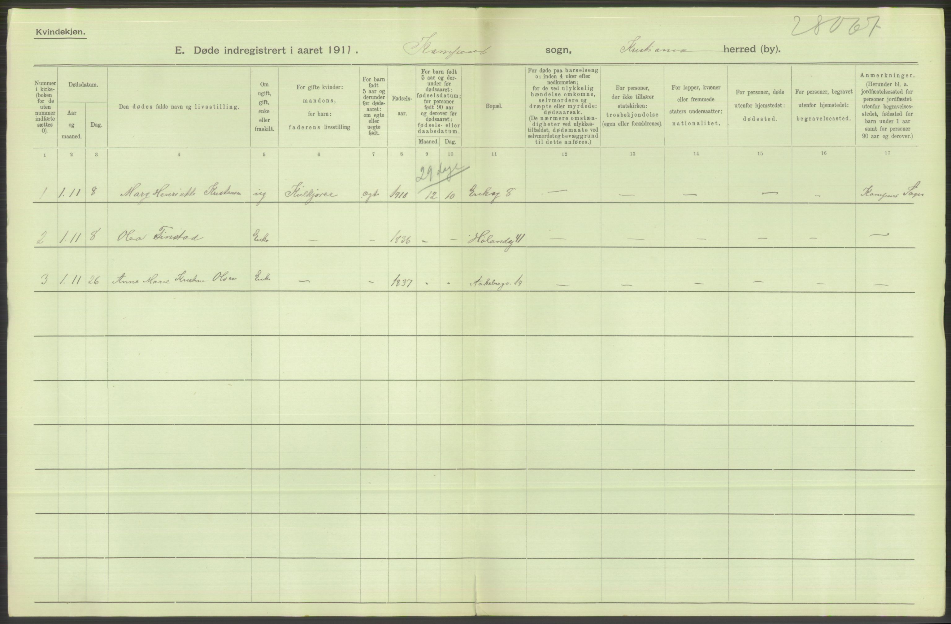 Statistisk sentralbyrå, Sosiodemografiske emner, Befolkning, AV/RA-S-2228/D/Df/Dfb/Dfba/L0010: Kristiania: Døde kvinner samt dødfødte., 1911, s. 226