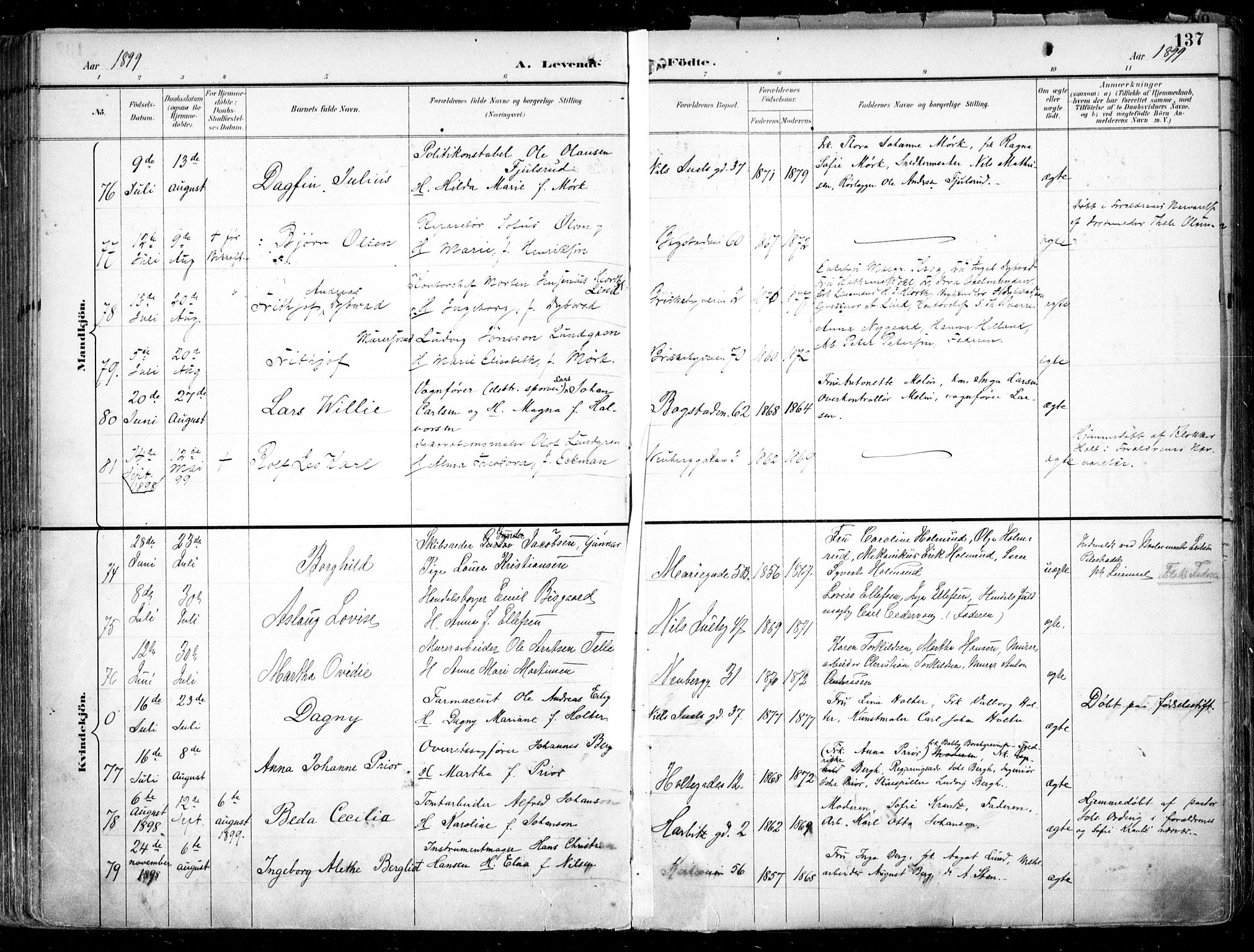 Uranienborg prestekontor Kirkebøker, AV/SAO-A-10877/F/Fa/L0005: Ministerialbok nr. I 5, 1895-1907, s. 137