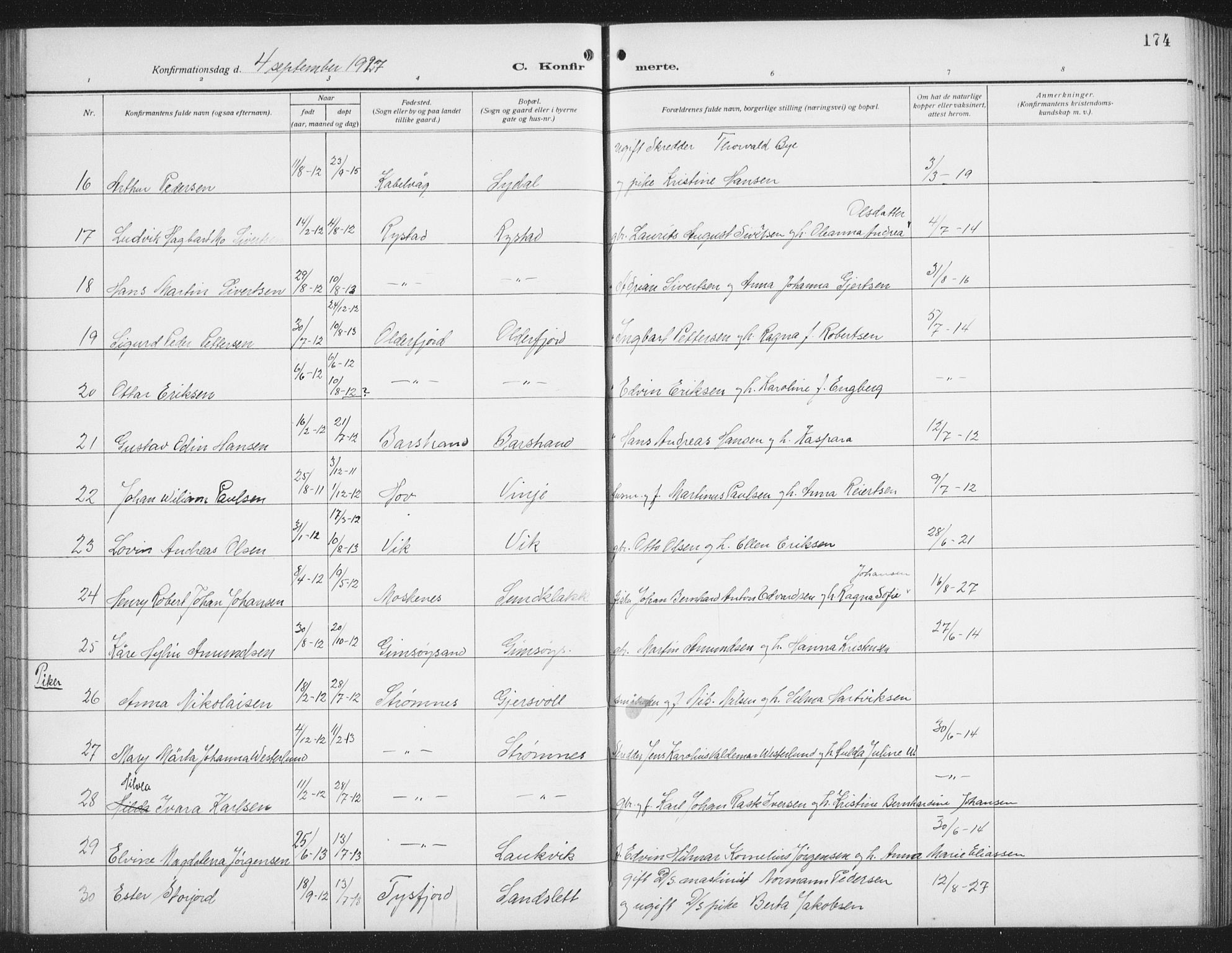 Ministerialprotokoller, klokkerbøker og fødselsregistre - Nordland, SAT/A-1459/876/L1106: Klokkerbok nr. 876C05, 1915-1942, s. 174