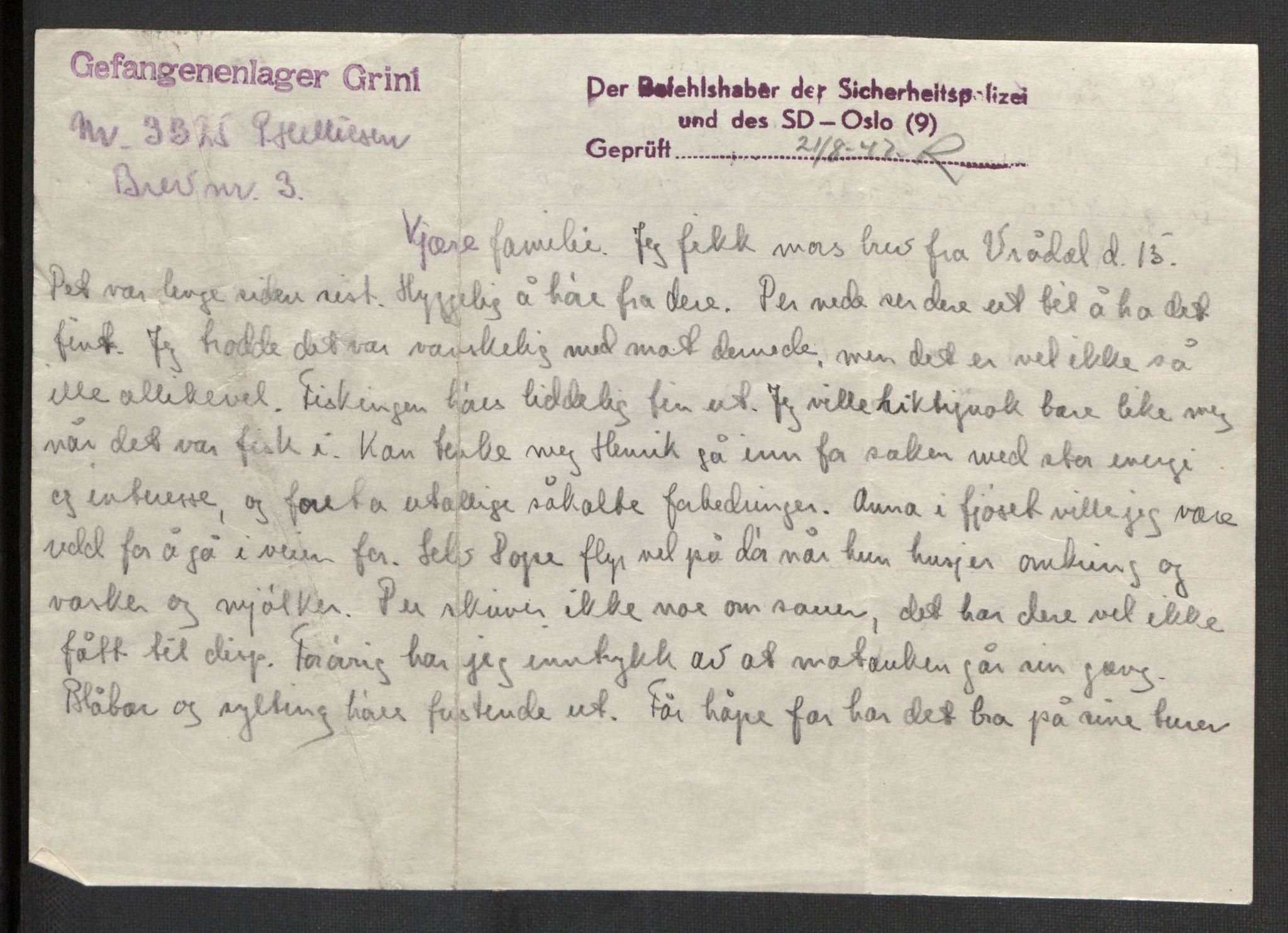 Per Helliesens krigsfangebrev, AV/RA-PA-1330/F/L0001: 1 Brev fra Bredtvet, 6 brev (derav 1 kopi) fra Grini, 33 brev (derav 2 kopier) fra Sachsenhausen, 1 brev fra Neuengamme og et eksemplar av illegal nyhetsavis., 1942-1945