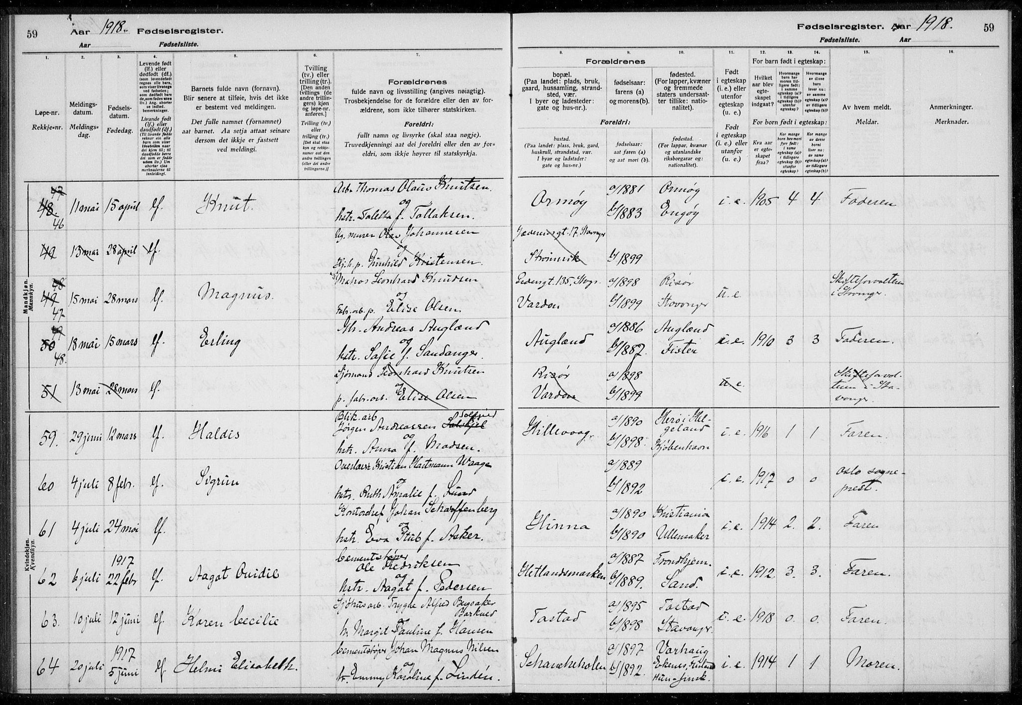 Hetland sokneprestkontor, AV/SAST-A-101826/70/704BA/L0003: Fødselsregister nr. 1, 1916-1923, s. 59