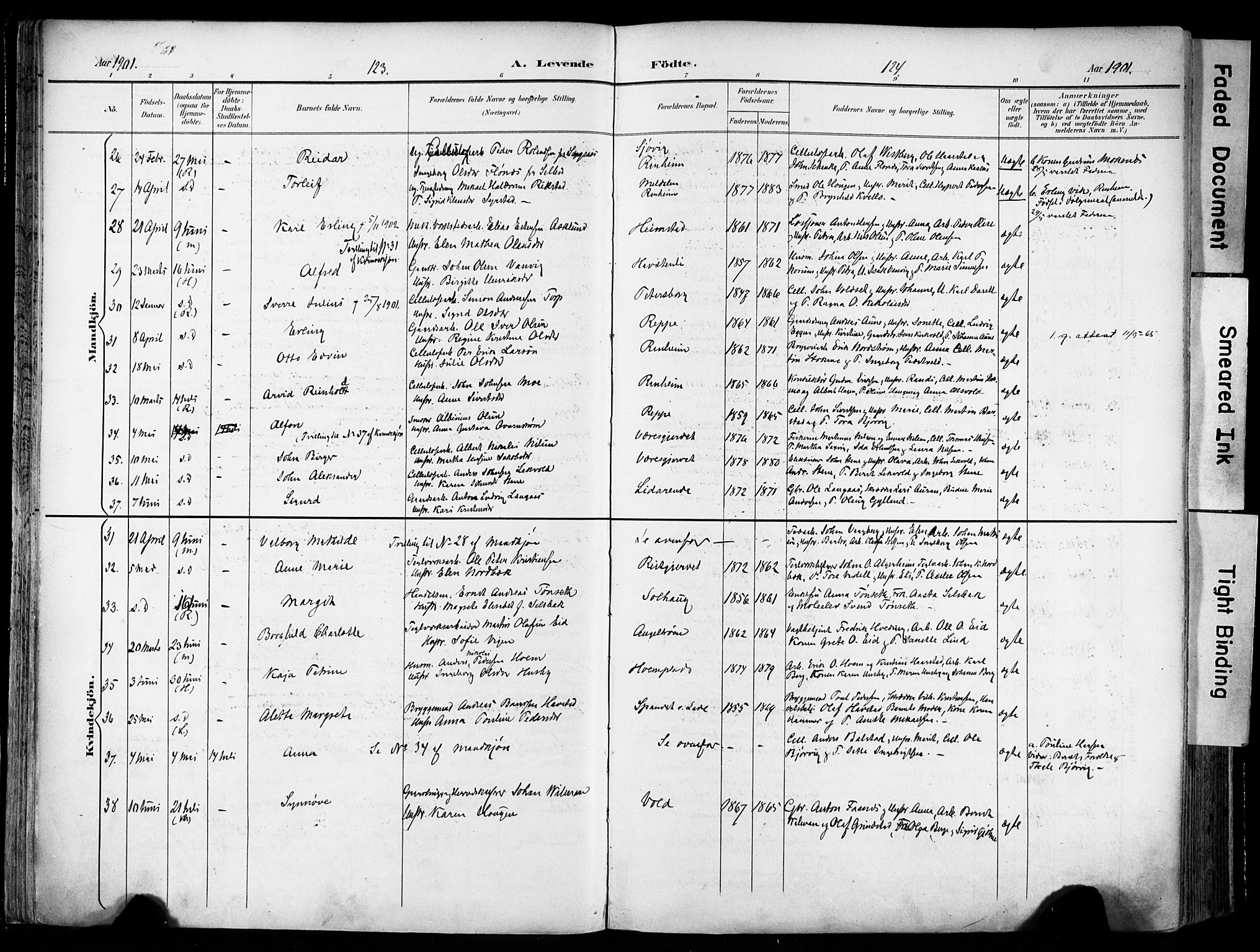 Ministerialprotokoller, klokkerbøker og fødselsregistre - Sør-Trøndelag, SAT/A-1456/606/L0301: Ministerialbok nr. 606A16, 1894-1907, s. 123-124