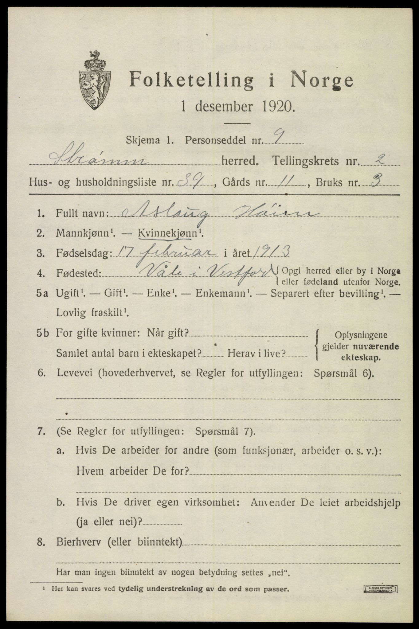 SAKO, Folketelling 1920 for 0711 Strømm herred, 1920, s. 1997