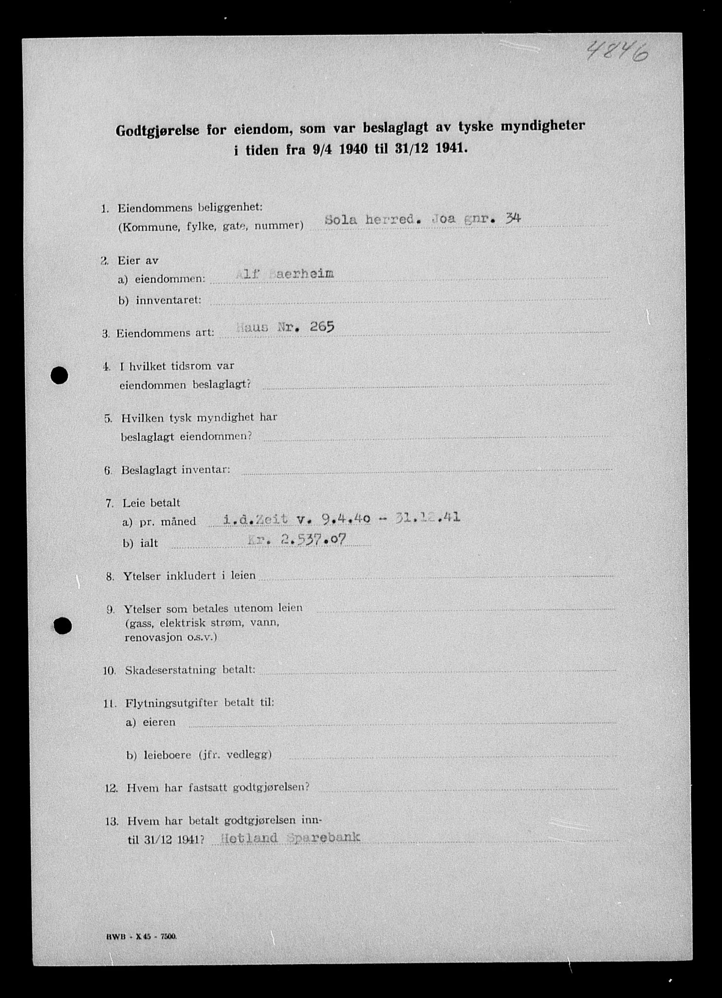 Justisdepartementet, Tilbakeføringskontoret for inndratte formuer, AV/RA-S-1564/I/L1014: Godtgjørelse for beslaglagt eiendom, 1940-1941, s. 214