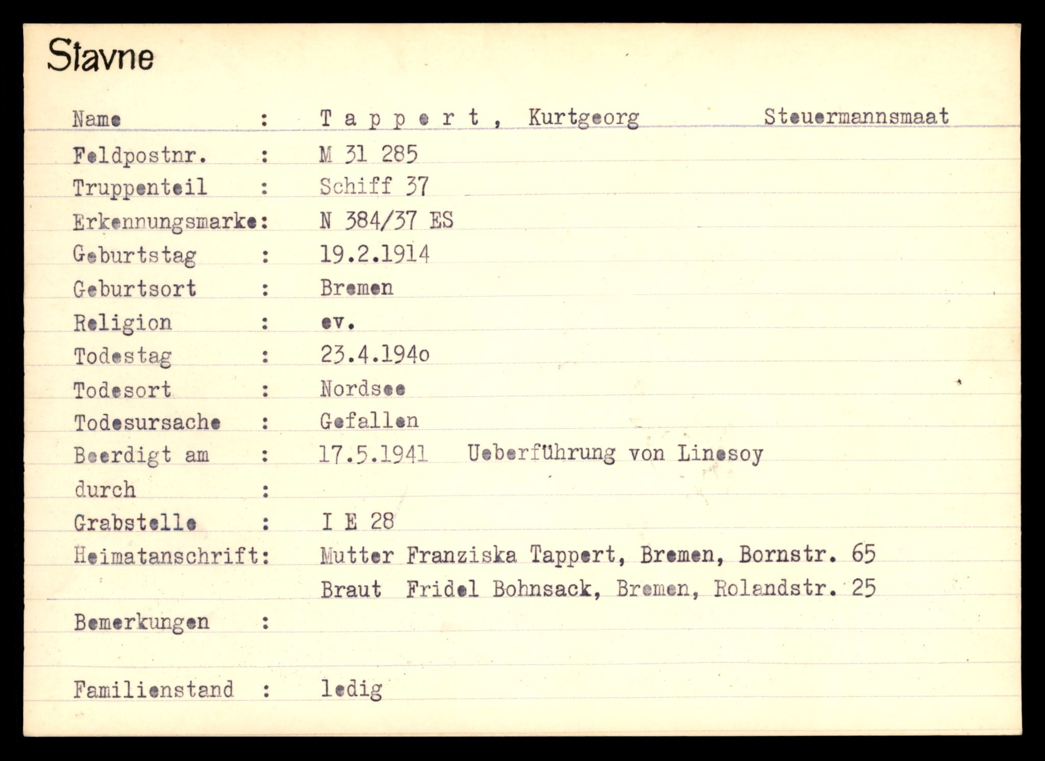 Distriktskontoret for krigsgraver, SAT/A-5030/E/L0003: Kasett/kartotek over tysk Krigskirkegård Stavne, 1945, s. 1377