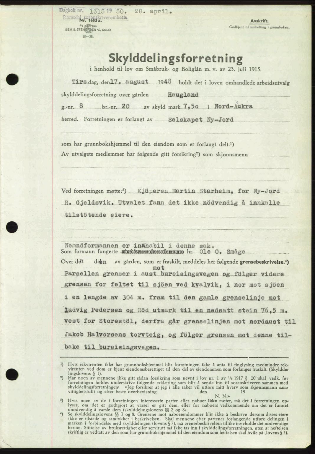 Romsdal sorenskriveri, SAT/A-4149/1/2/2C: Pantebok nr. A33, 1950-1950, Dagboknr: 1315/1950