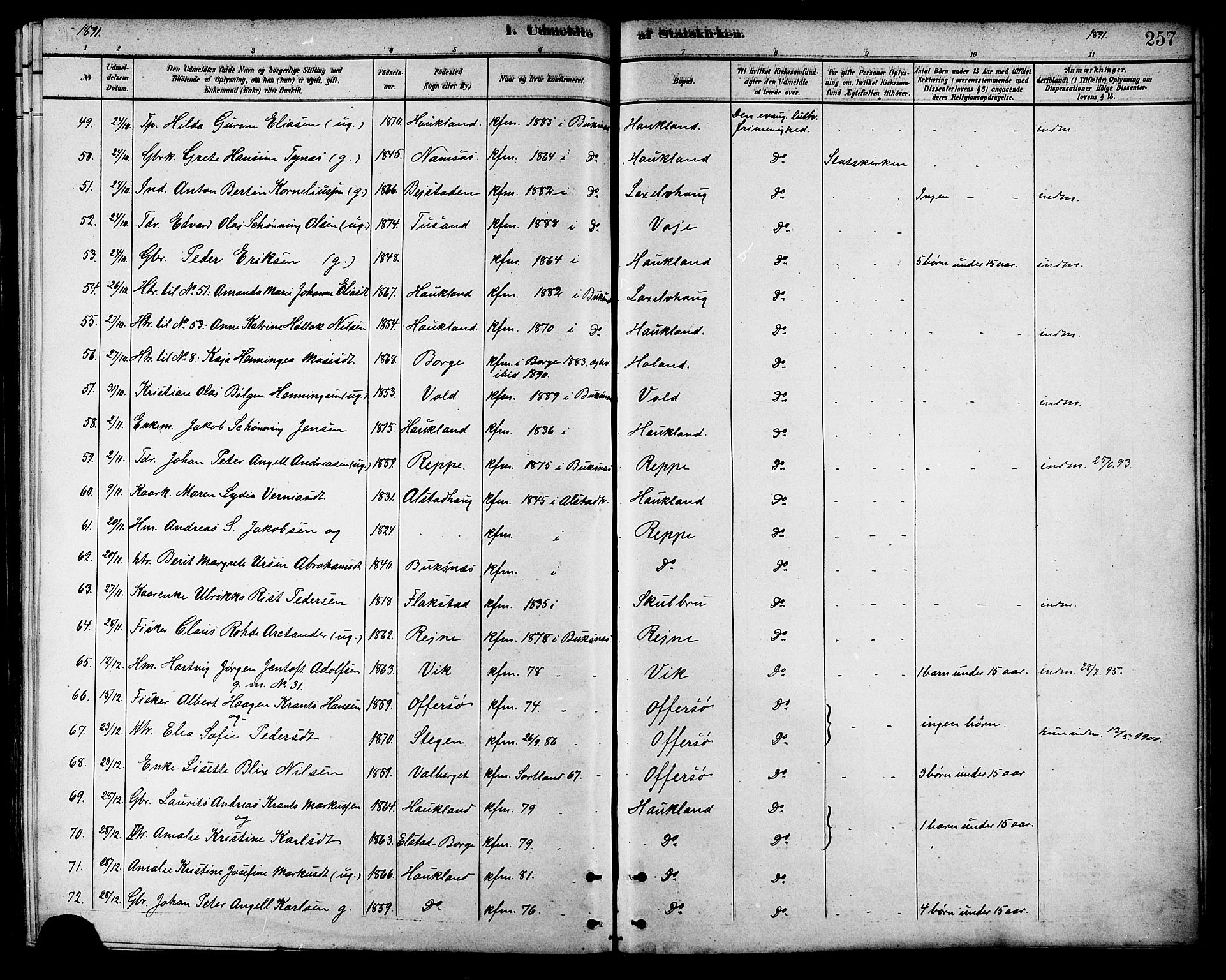 Ministerialprotokoller, klokkerbøker og fødselsregistre - Nordland, AV/SAT-A-1459/881/L1167: Klokkerbok nr. 881C04, 1886-1899, s. 257