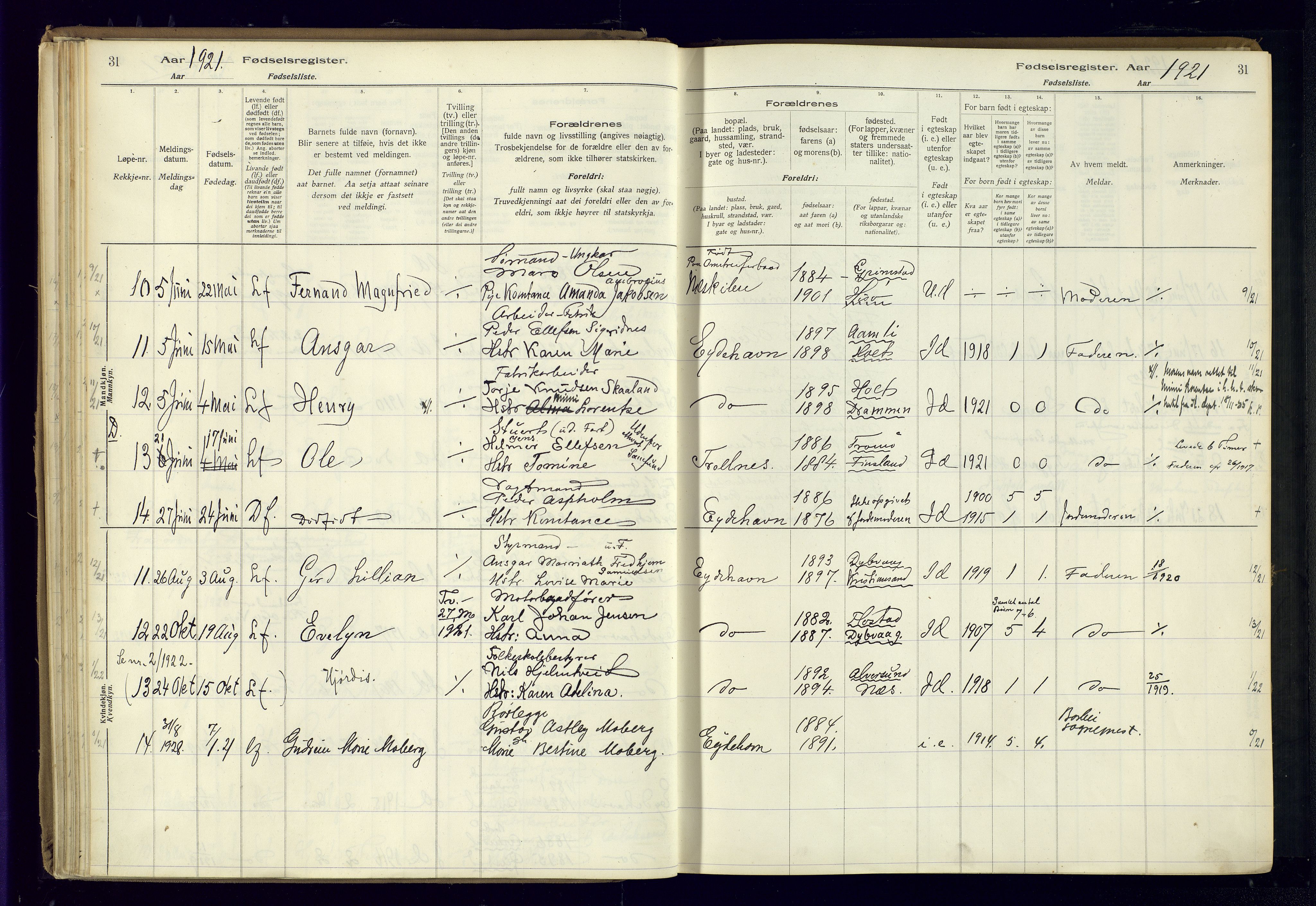 Austre Moland sokneprestkontor, AV/SAK-1111-0001/J/Ja/L0003: Fødselsregister nr. A-VI-27, 1916-1950, s. 31