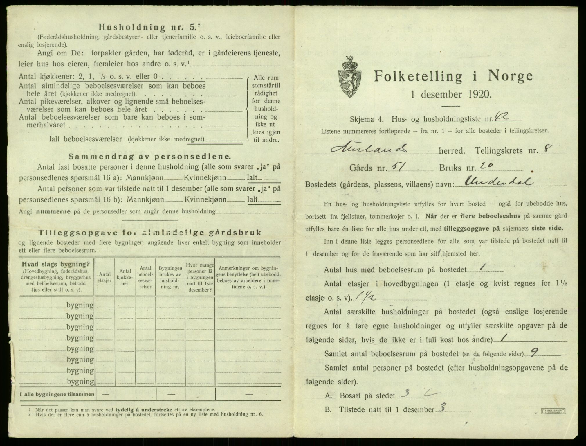 SAB, Folketelling 1920 for 1421 Aurland herred, 1920, s. 672