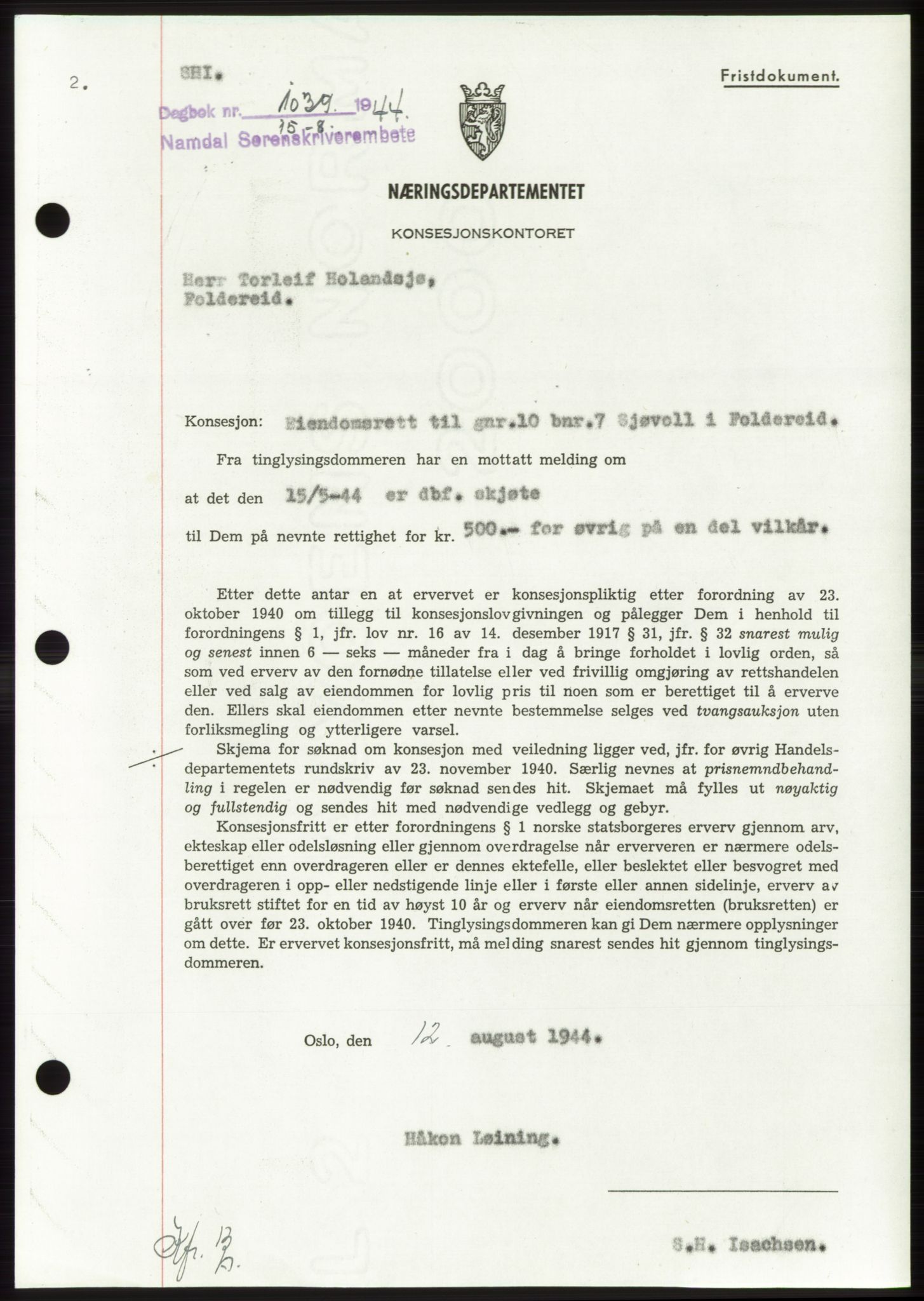 Namdal sorenskriveri, SAT/A-4133/1/2/2C: Pantebok nr. -, 1944-1945, Dagboknr: 1039/1944