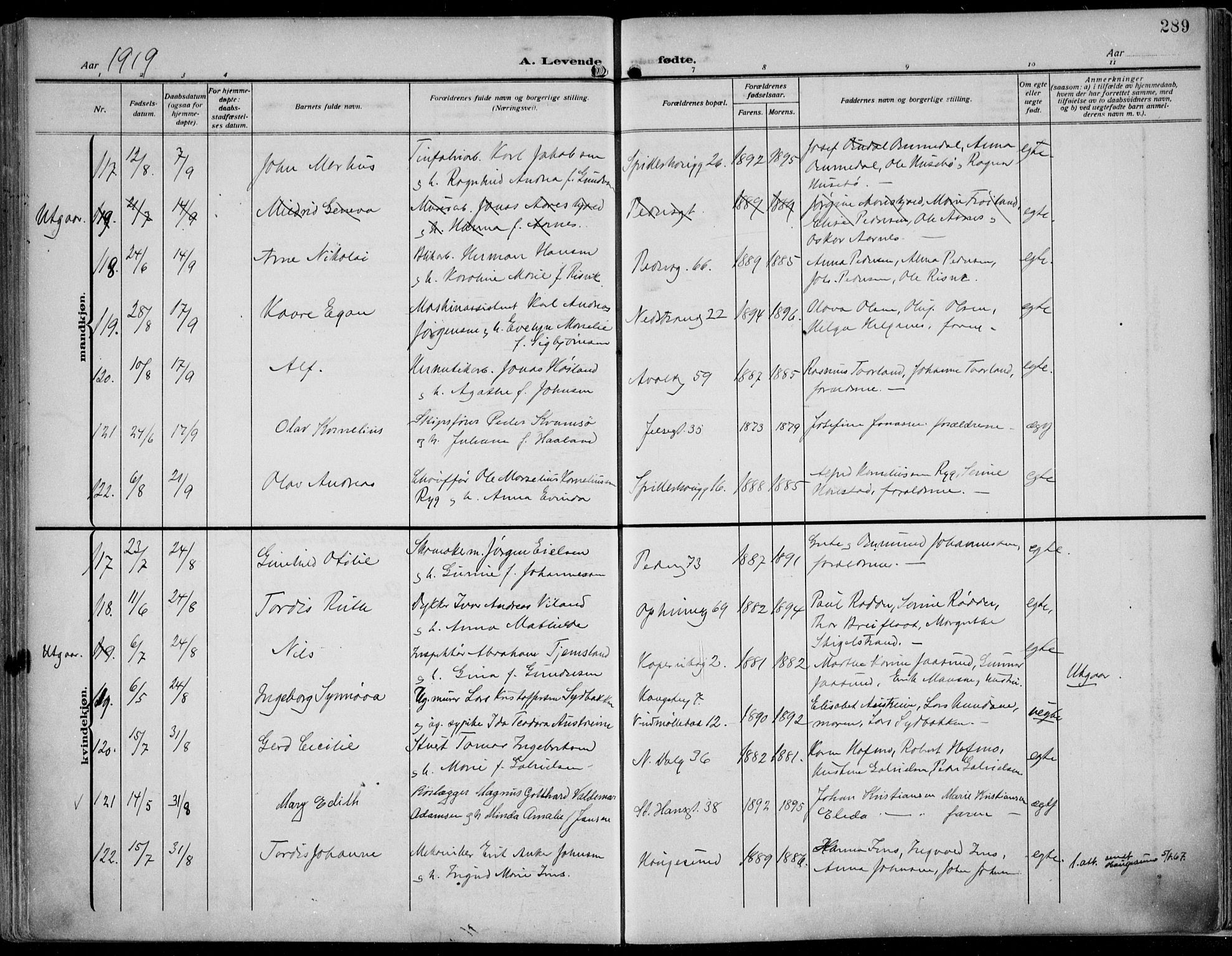 St. Johannes sokneprestkontor, AV/SAST-A-101814/002/B/L0002: Ministerialbok nr. A 9, 1911-1921, s. 289