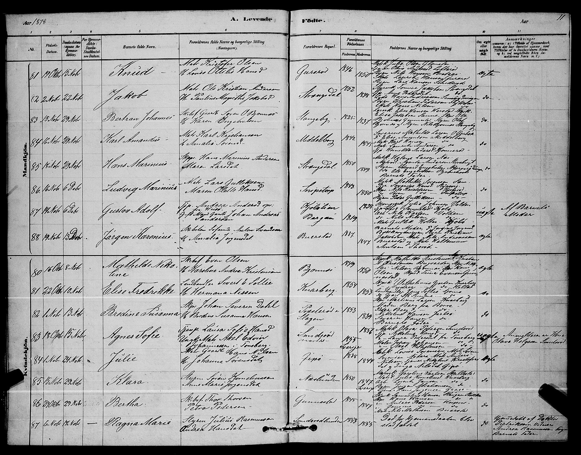 Nøtterøy kirkebøker, AV/SAKO-A-354/G/Ga/L0003: Klokkerbok nr. I 3, 1878-1893, s. 11