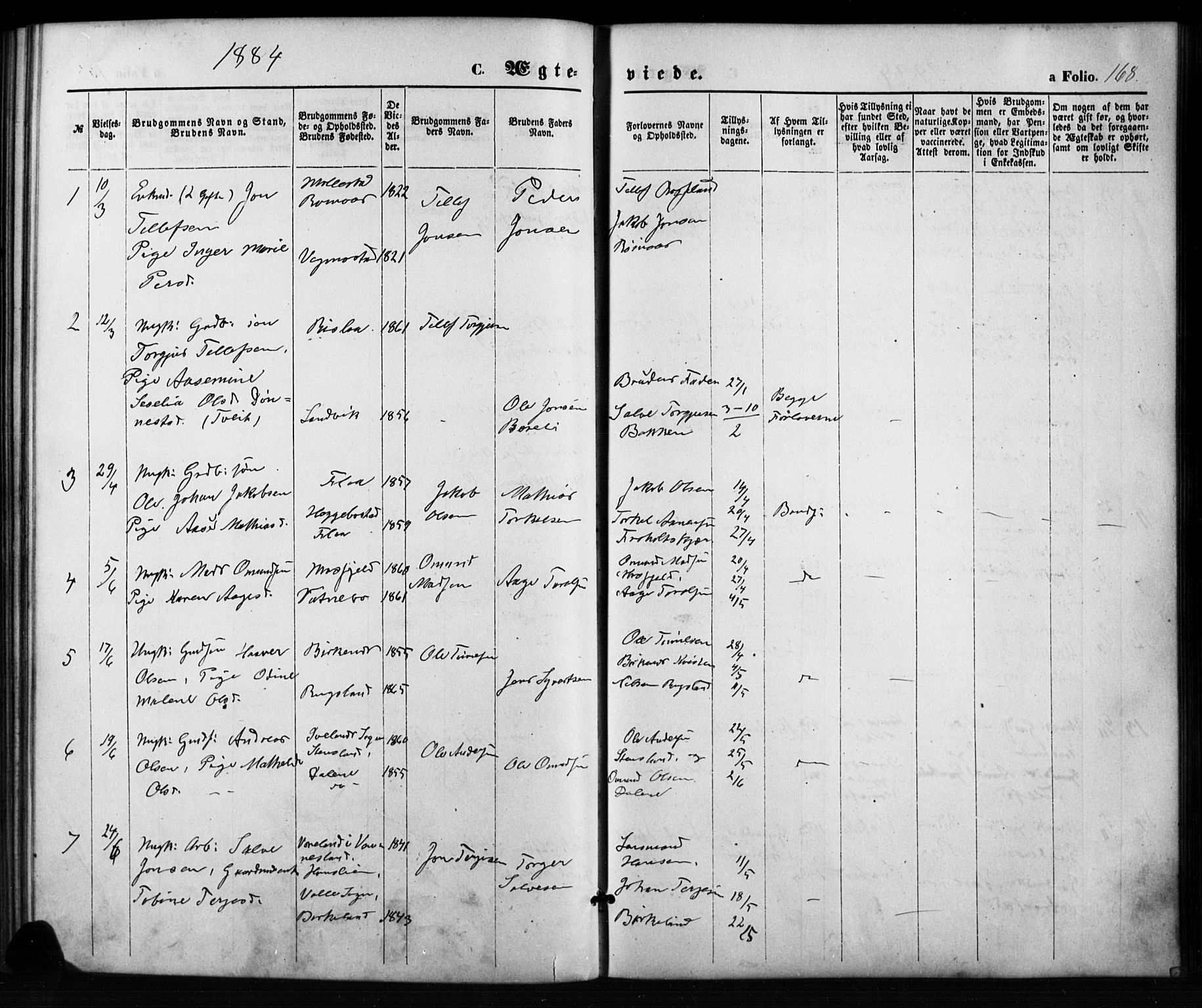 Birkenes sokneprestkontor, AV/SAK-1111-0004/F/Fb/L0003: Klokkerbok nr. B 3, 1876-1892, s. 168