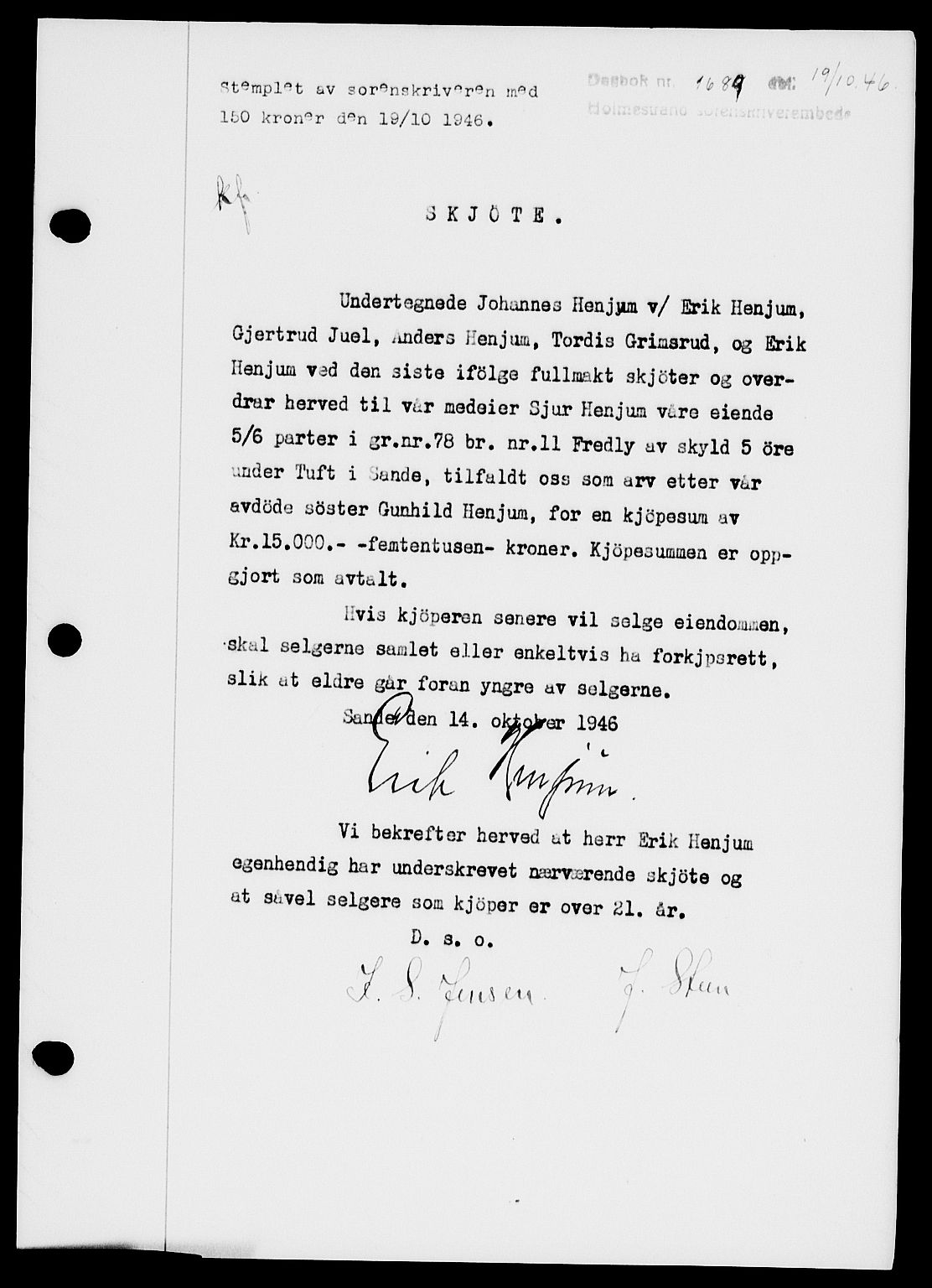 Holmestrand sorenskriveri, SAKO/A-67/G/Ga/Gaa/L0061: Pantebok nr. A-61, 1946-1947, Dagboknr: 1689/1946