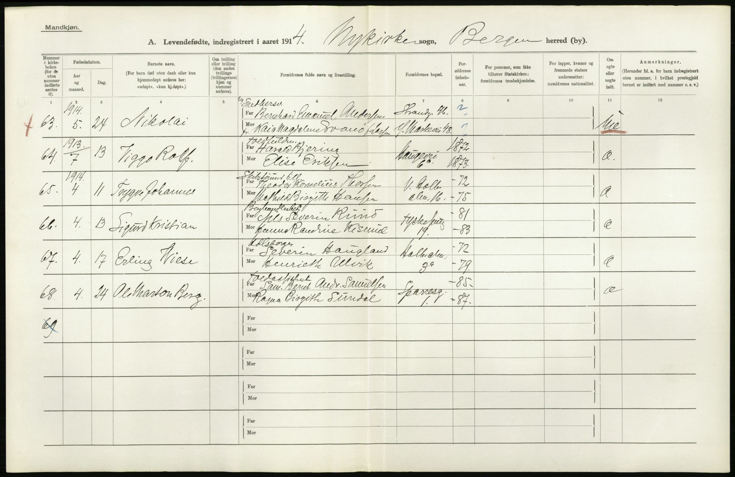 Statistisk sentralbyrå, Sosiodemografiske emner, Befolkning, AV/RA-S-2228/D/Df/Dfb/Dfbd/L0030: Bergen: Levendefødte menn og kvinner., 1914, s. 16