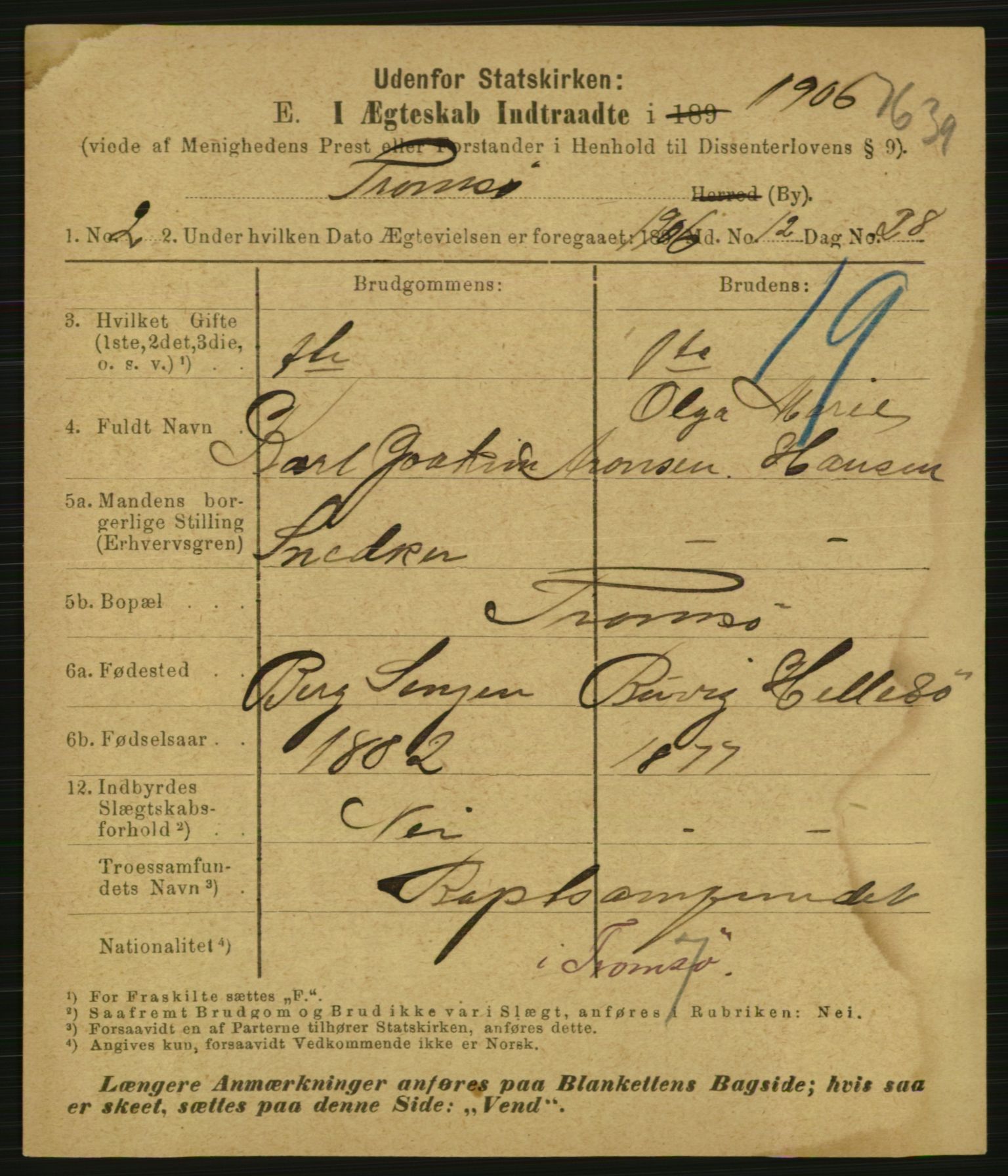 Statistisk sentralbyrå, Sosiodemografiske emner, Befolkning, AV/RA-S-2228/E/L0004: Fødte, gifte, døde dissentere., 1906, s. 2157