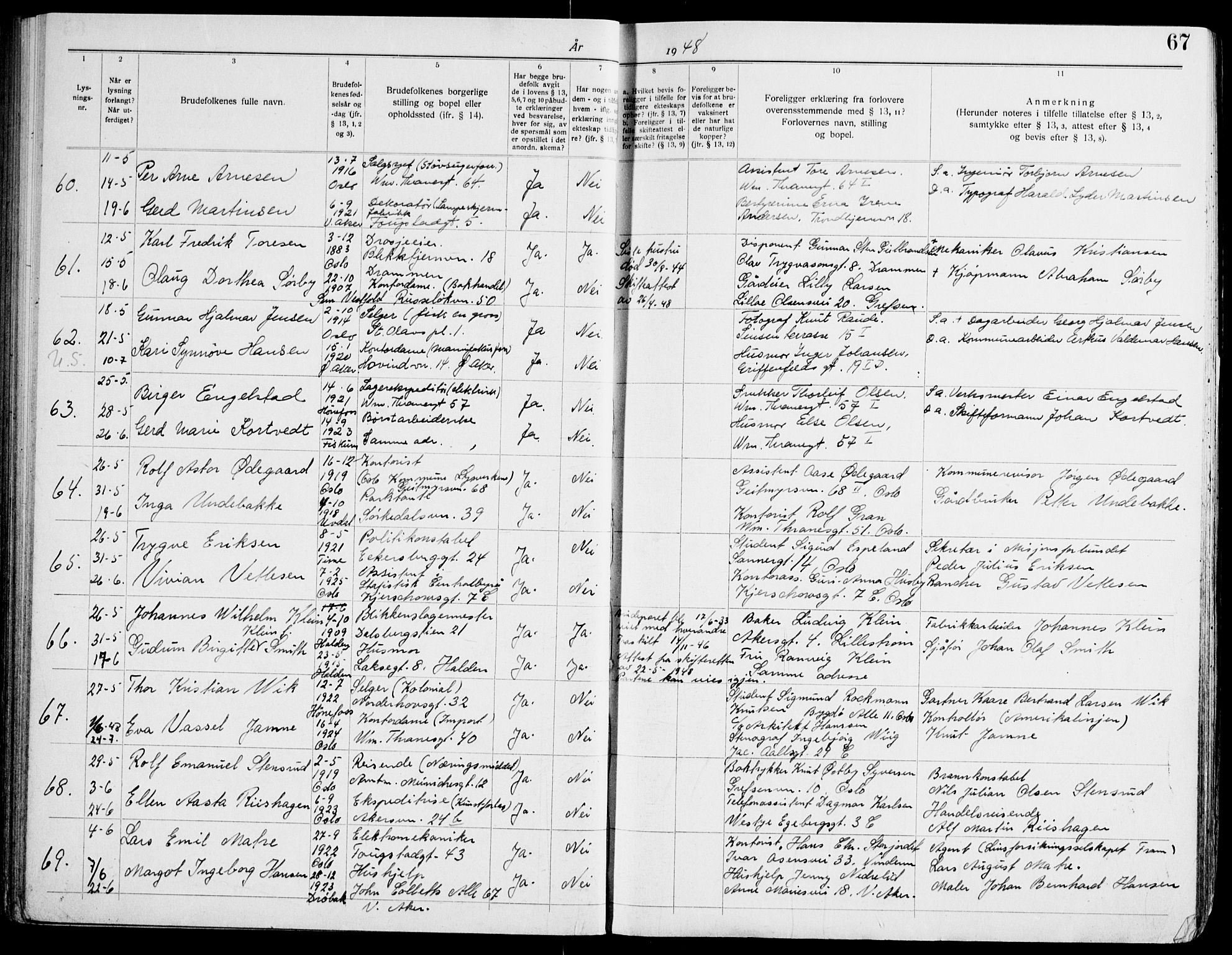 Gamle Aker prestekontor Kirkebøker, AV/SAO-A-10617a/H/L0010: Lysningsprotokoll nr. 10, 1941-1951, s. 67
