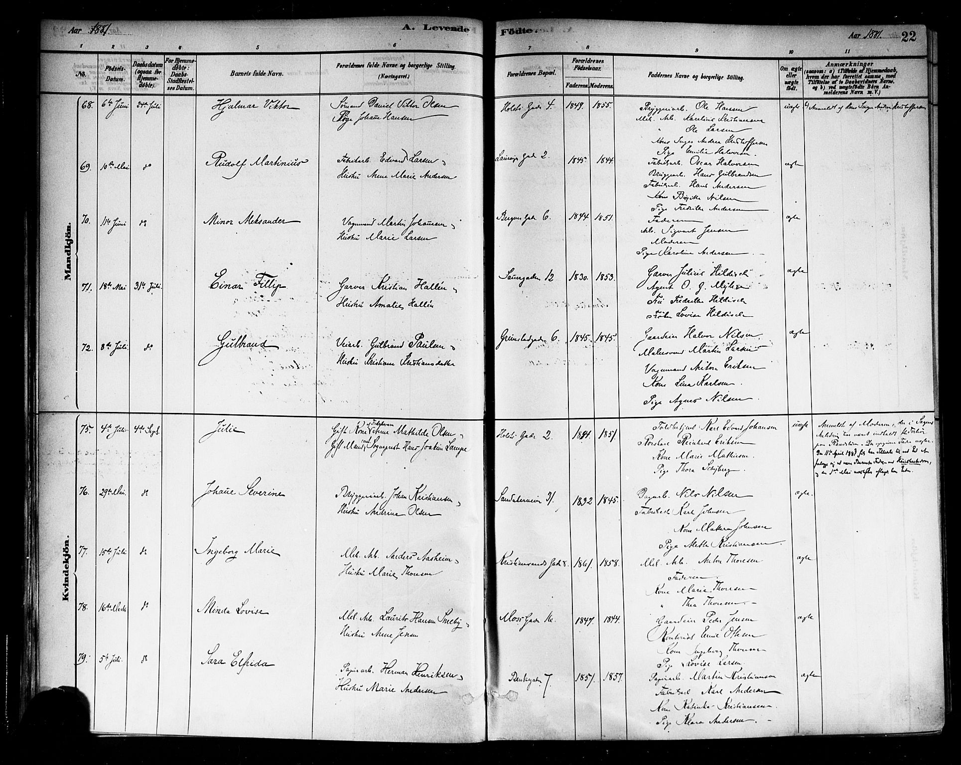 Sagene prestekontor Kirkebøker, AV/SAO-A-10796/F/L0001: Ministerialbok nr. 1, 1880-1893, s. 22