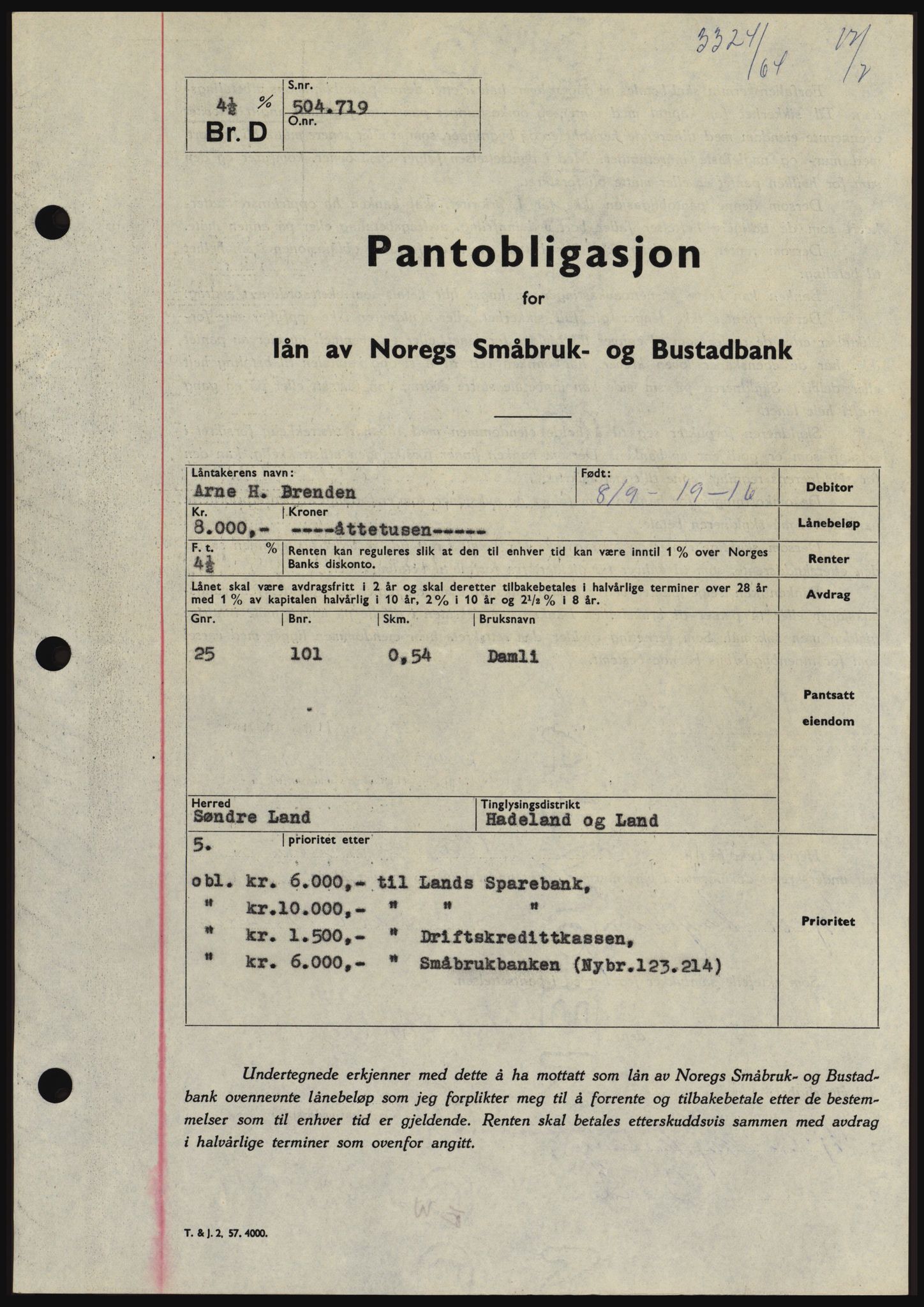 Hadeland og Land tingrett, SAH/TING-010/H/Hb/Hbc/L0055: Pantebok nr. B55, 1964-1964, Dagboknr: 3324/1964