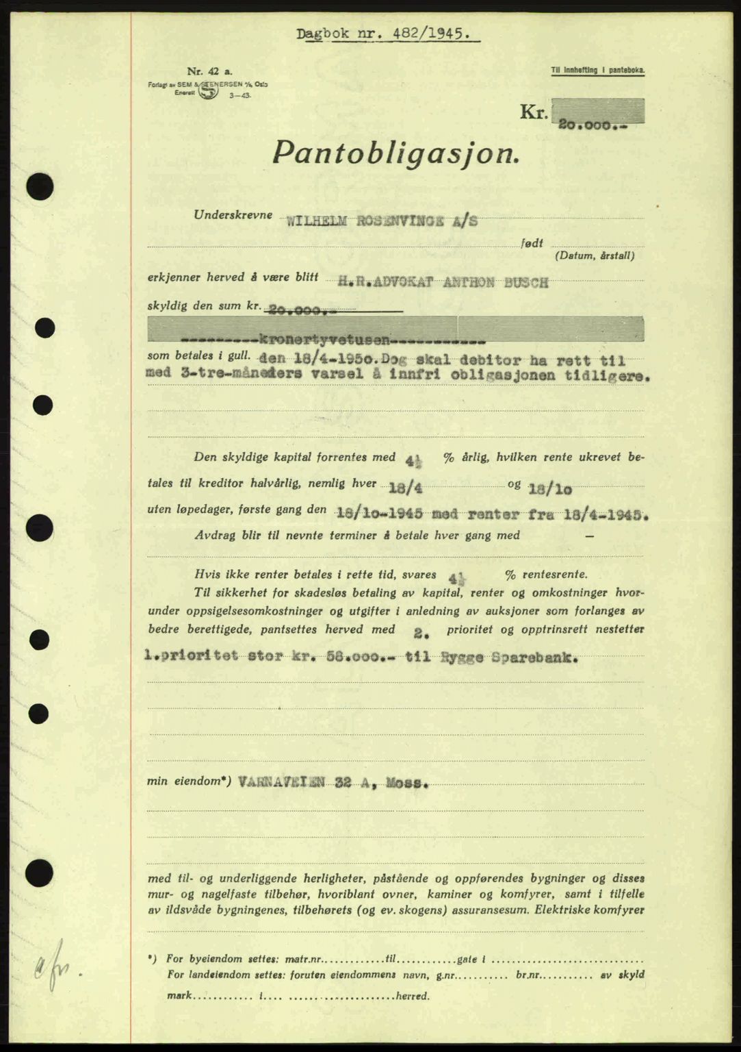 Moss sorenskriveri, SAO/A-10168: Pantebok nr. B13, 1943-1945, Dagboknr: 482/1945