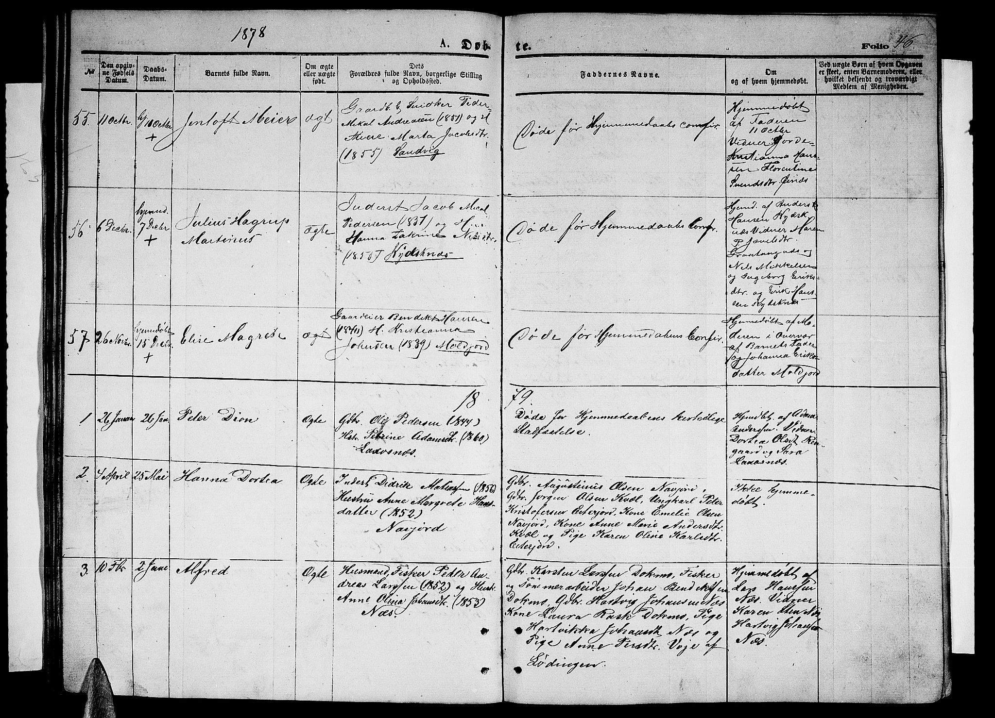 Ministerialprotokoller, klokkerbøker og fødselsregistre - Nordland, AV/SAT-A-1459/846/L0653: Klokkerbok nr. 846C03, 1872-1887, s. 46