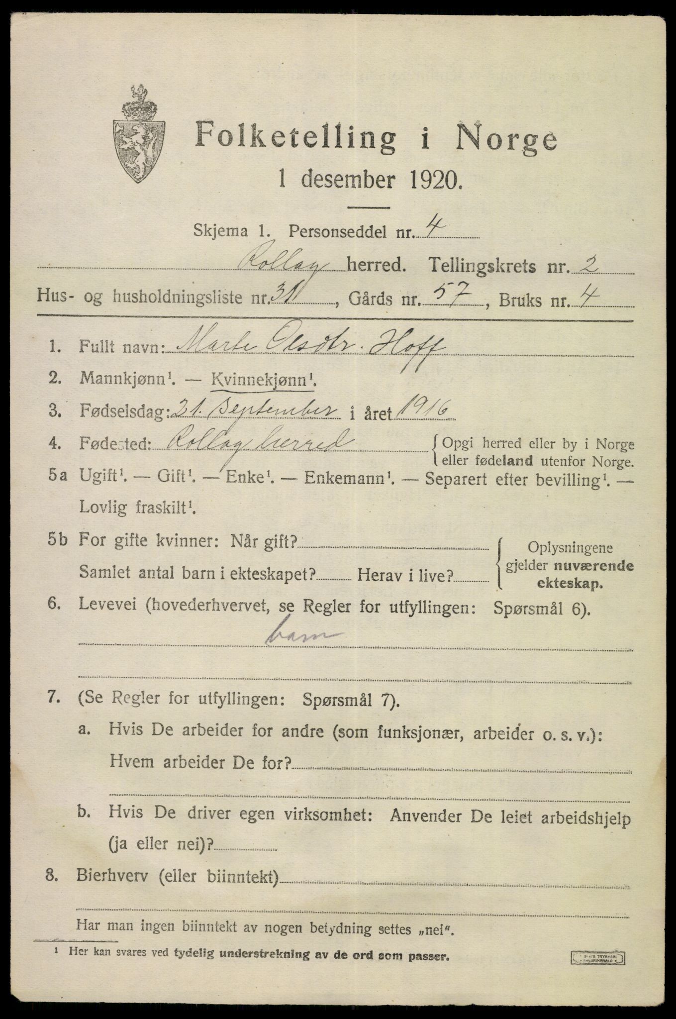 SAKO, Folketelling 1920 for 0632 Rollag herred, 1920, s. 1312
