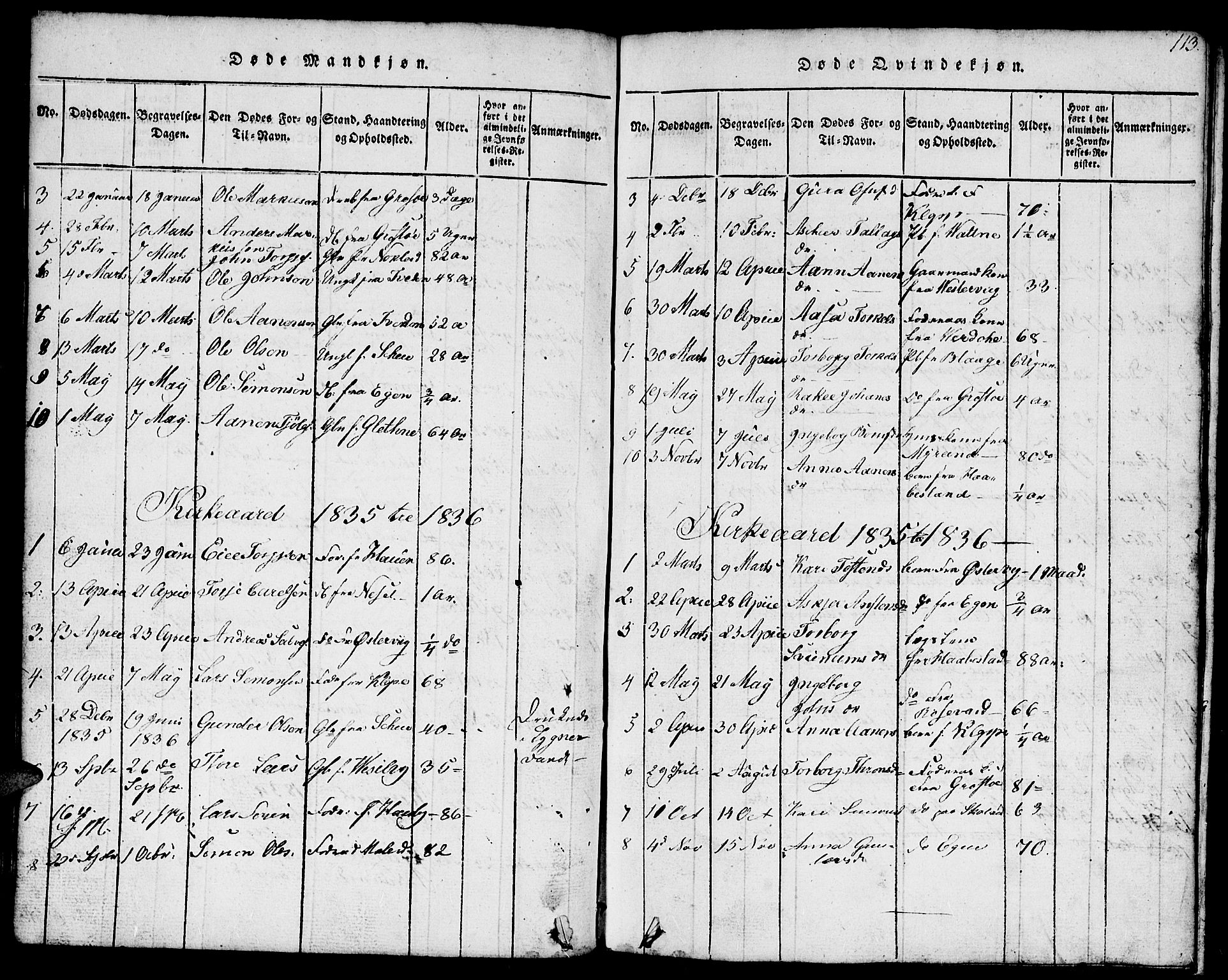 Hægebostad sokneprestkontor, SAK/1111-0024/F/Fb/Fbb/L0001: Klokkerbok nr. B 1, 1816-1850, s. 113