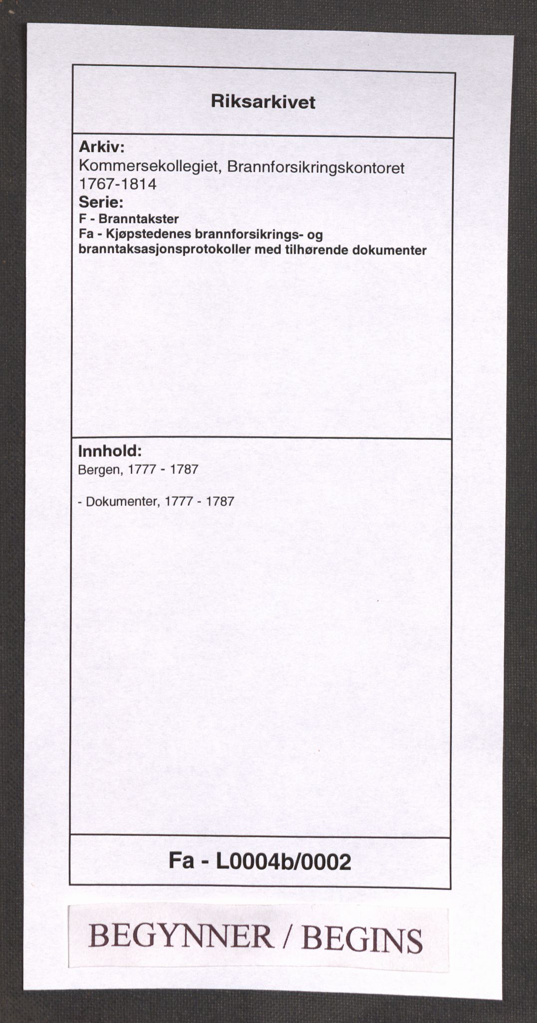 Kommersekollegiet, Brannforsikringskontoret 1767-1814, RA/EA-5458/F/Fa/L0004b/0002: Bergen / Dokumenter, 1777-1787