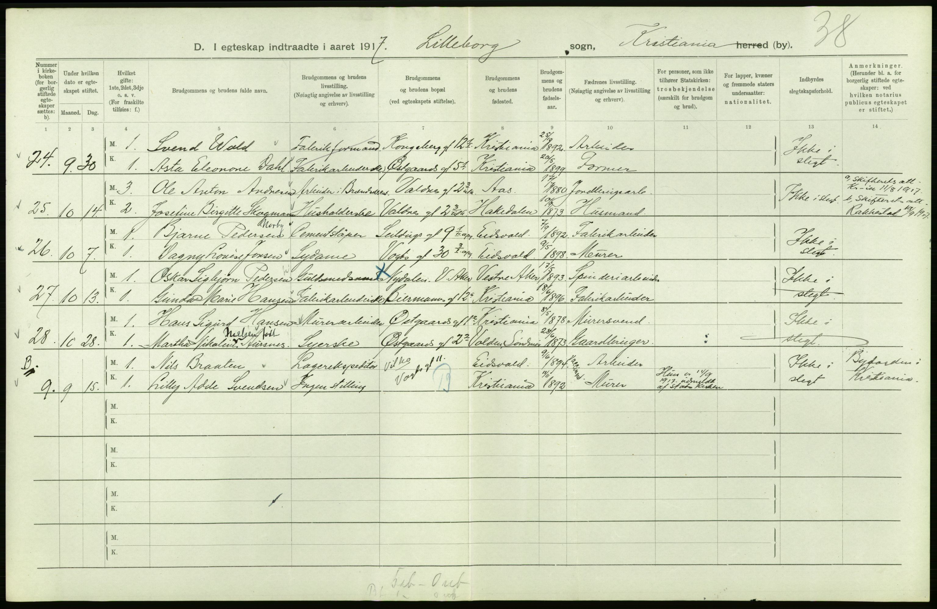 Statistisk sentralbyrå, Sosiodemografiske emner, Befolkning, AV/RA-S-2228/D/Df/Dfb/Dfbg/L0008: Kristiania: Gifte, 1917, s. 134