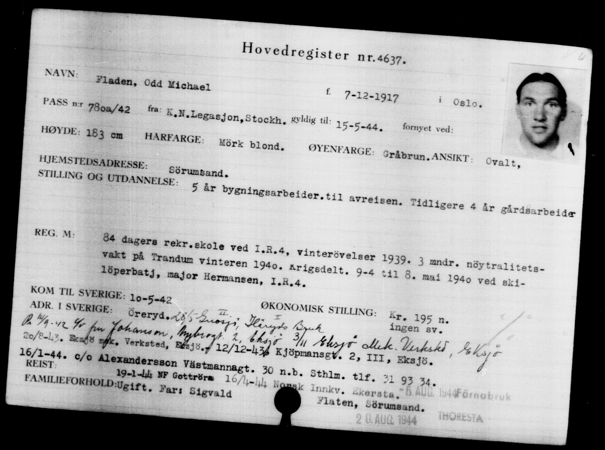 Den Kgl. Norske Legasjons Flyktningskontor, AV/RA-S-6753/V/Va/L0004: Kjesäterkartoteket.  Flyktningenr. 3496-6610, 1940-1945, s. 1352
